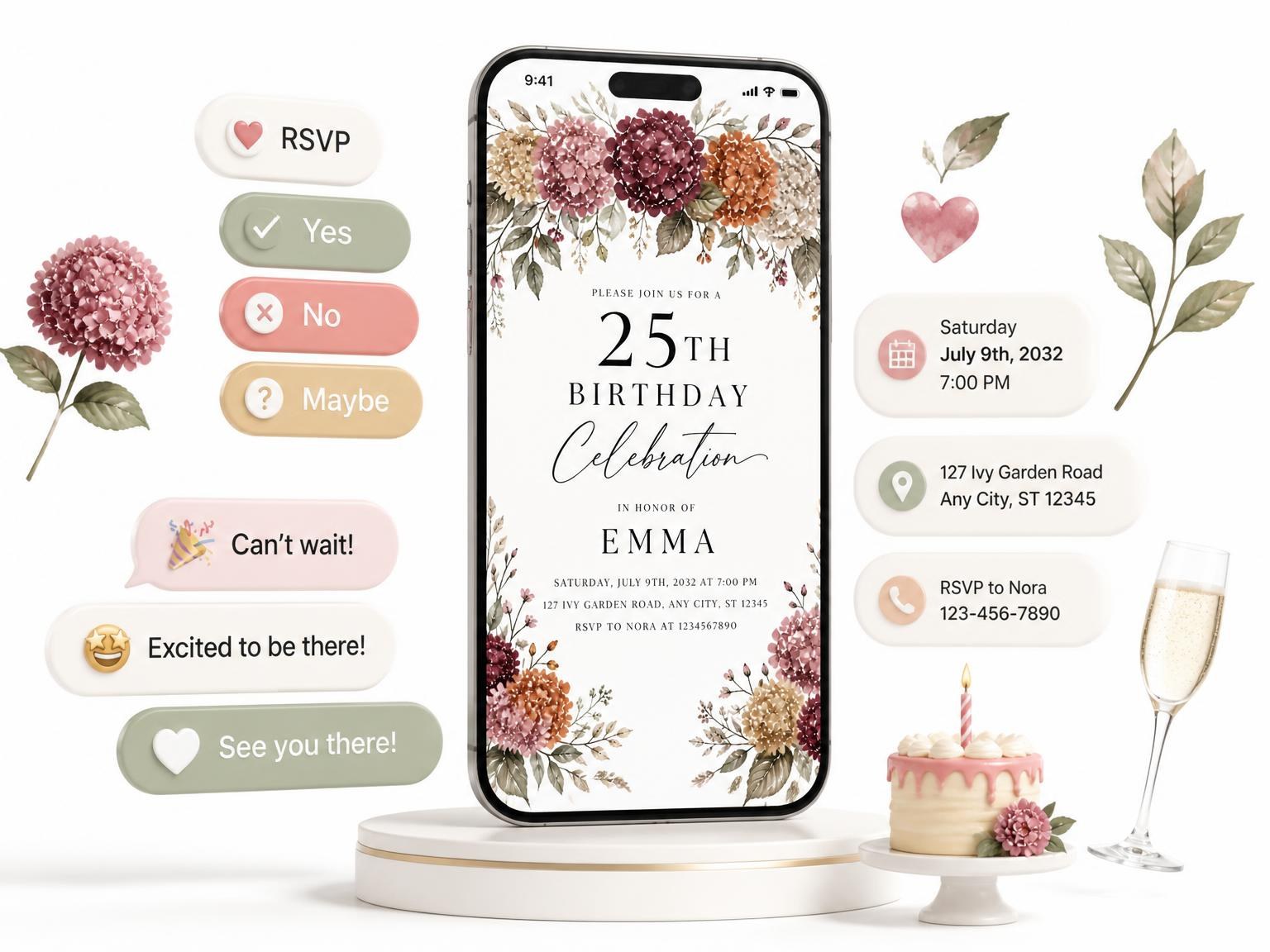 The Blooms Greenery Autumn 25th Birthday Invitation invitation on a phone, with guest RSVPs arriving around it