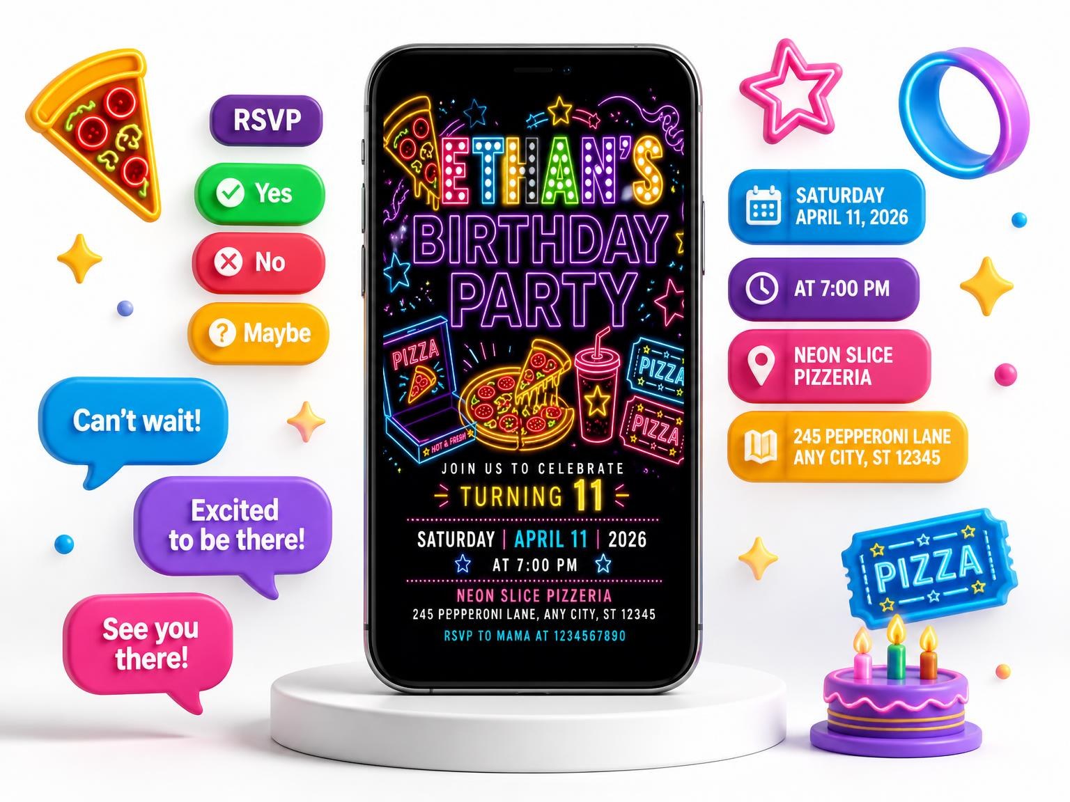 The Neon Pizza 11th Birthday Invitation invitation on a phone, with guest RSVPs arriving around it