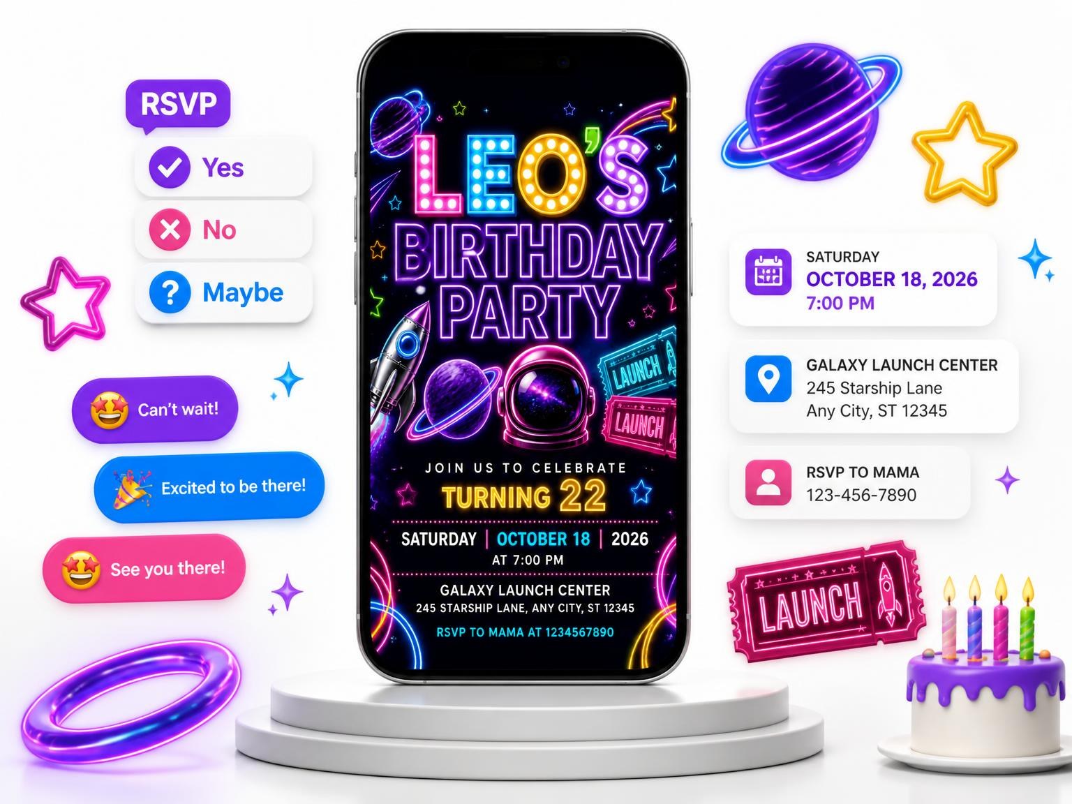 The Neon Space 22nd Birthday Invitation invitation on a phone, with guest RSVPs arriving around it