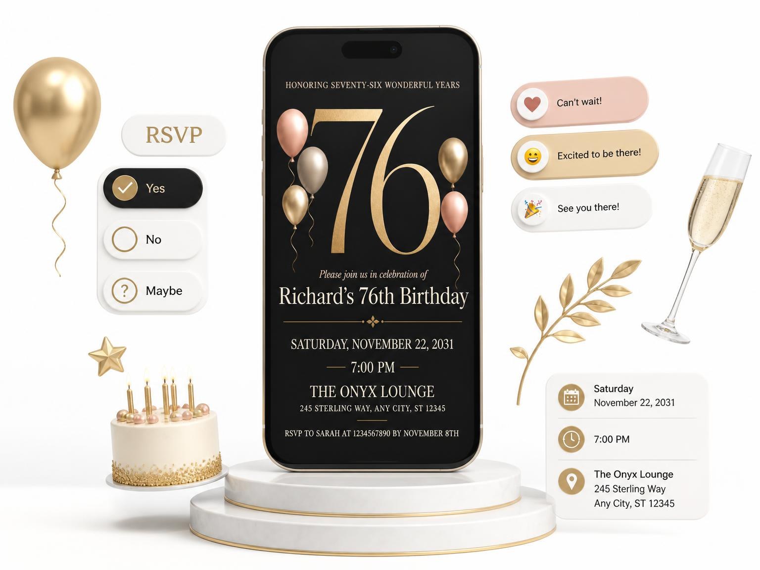 The Charcoal and Blush 76th Birthday Invitation invitation on a phone, with guest RSVPs arriving around it