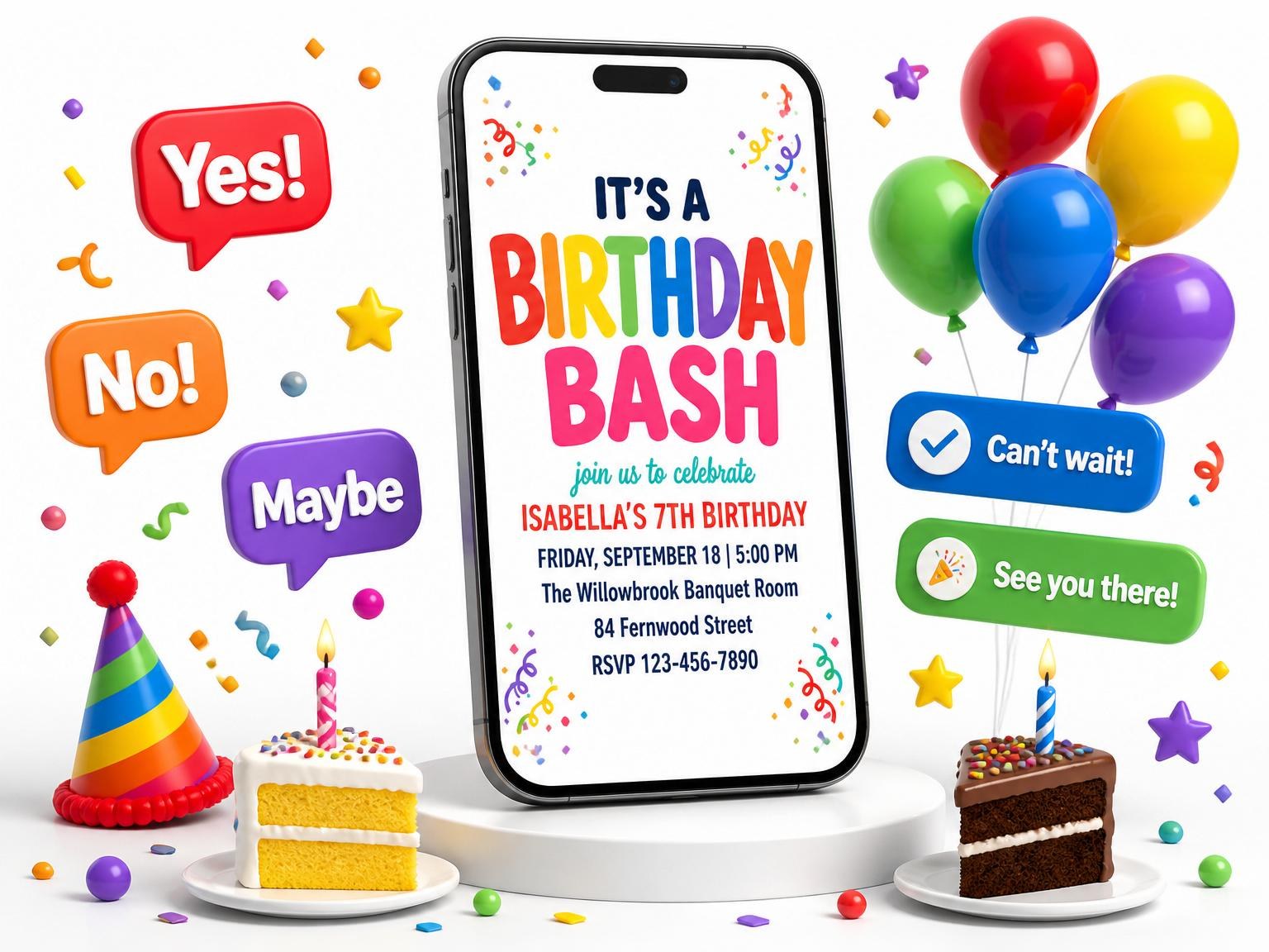 The Rainbow Confetti 7th Birthday Bash Invitation invitation on a phone, with guest RSVPs arriving around it