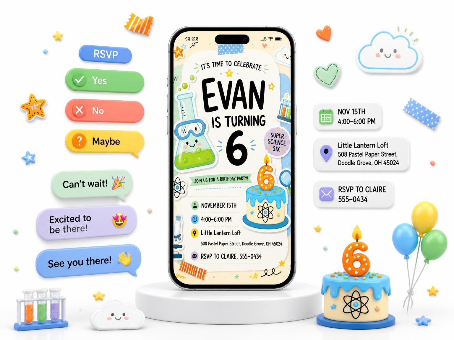 The Erlenmeyer Beaker 6th Birthday Invitation invitation on a phone, with guest RSVPs arriving around it
