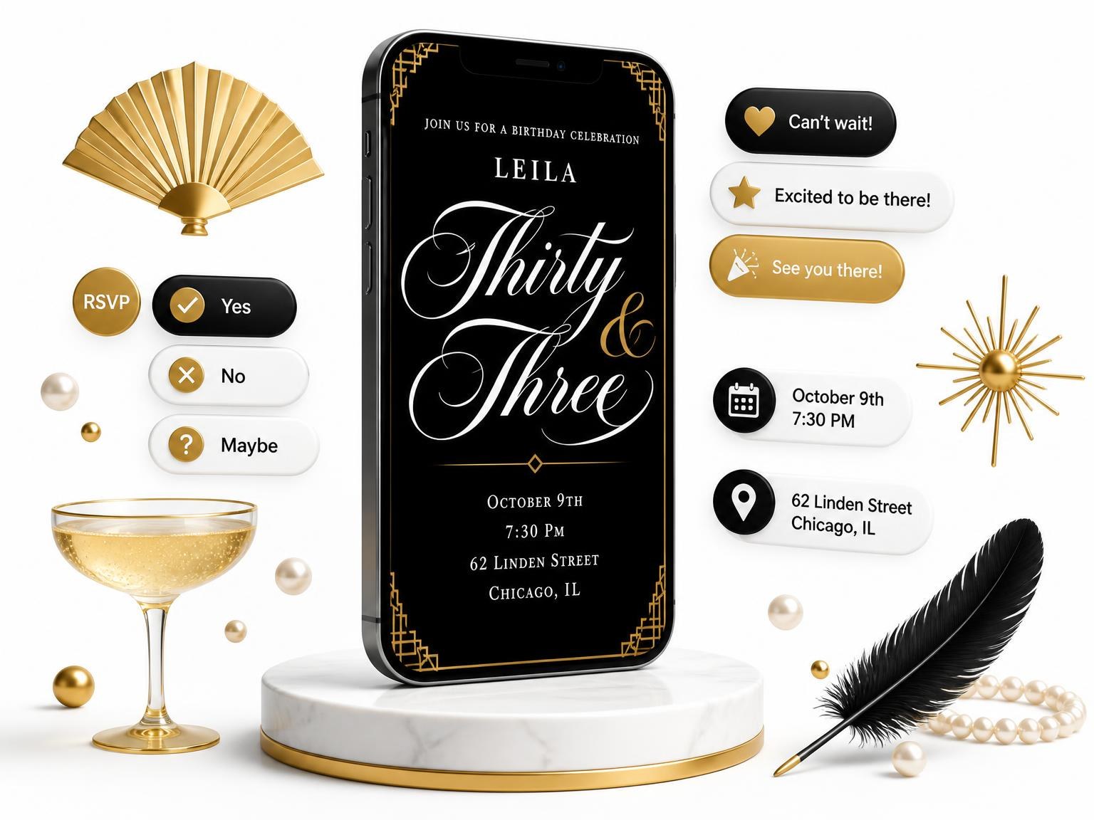 The Art Deco 33rd Birthday Invitation invitation on a phone, with guest RSVPs arriving around it