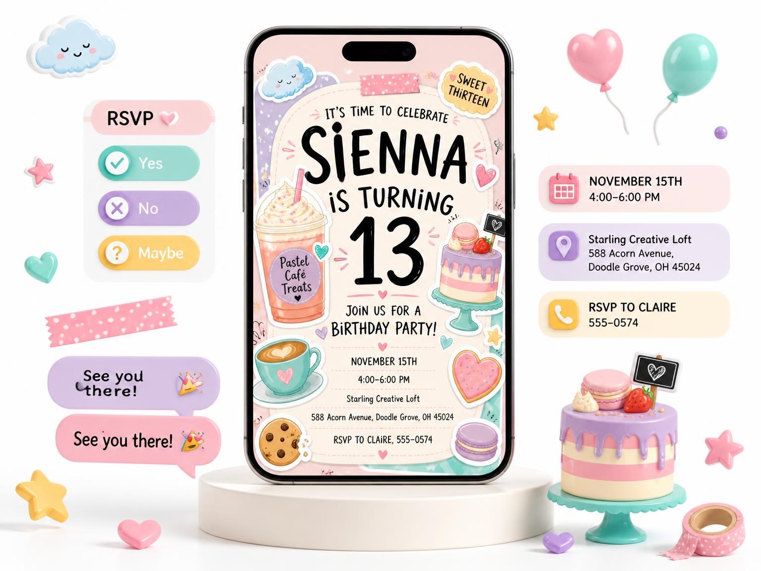 The Milkshake Cup Pastel 13th Birthday Invitation invitation on a phone, with guest RSVPs arriving around it