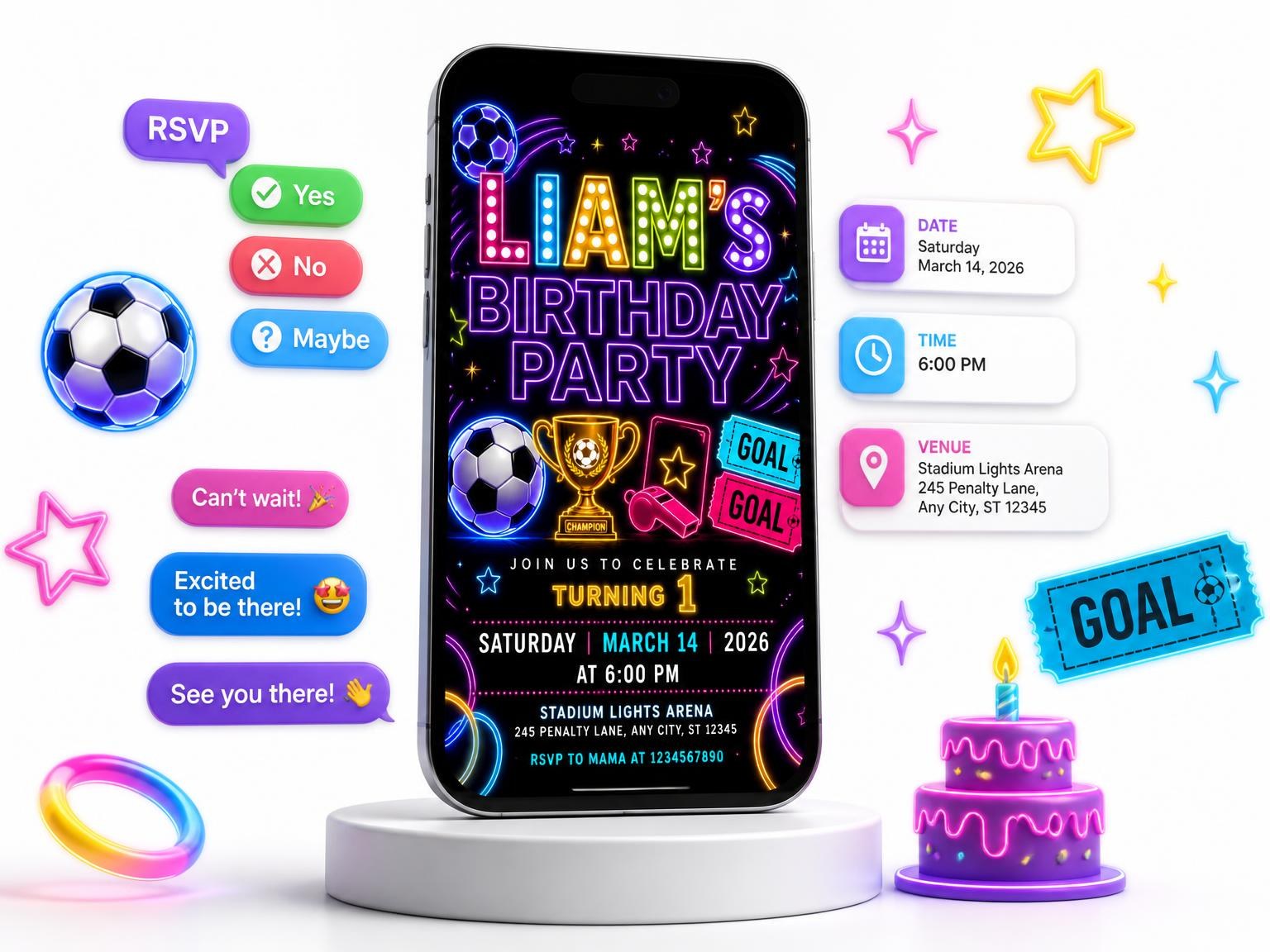 The Neon Soccer 1st Birthday Invitation invitation on a phone, with guest RSVPs arriving around it