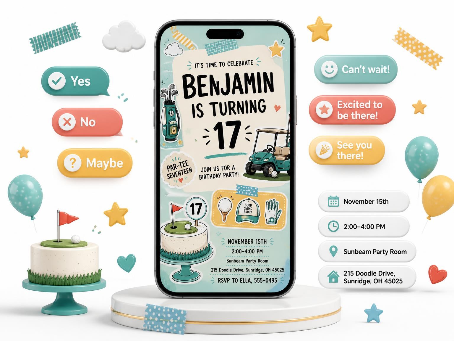 The Golf Cart Pastel 17th Birthday Invitation invitation on a phone, with guest RSVPs arriving around it