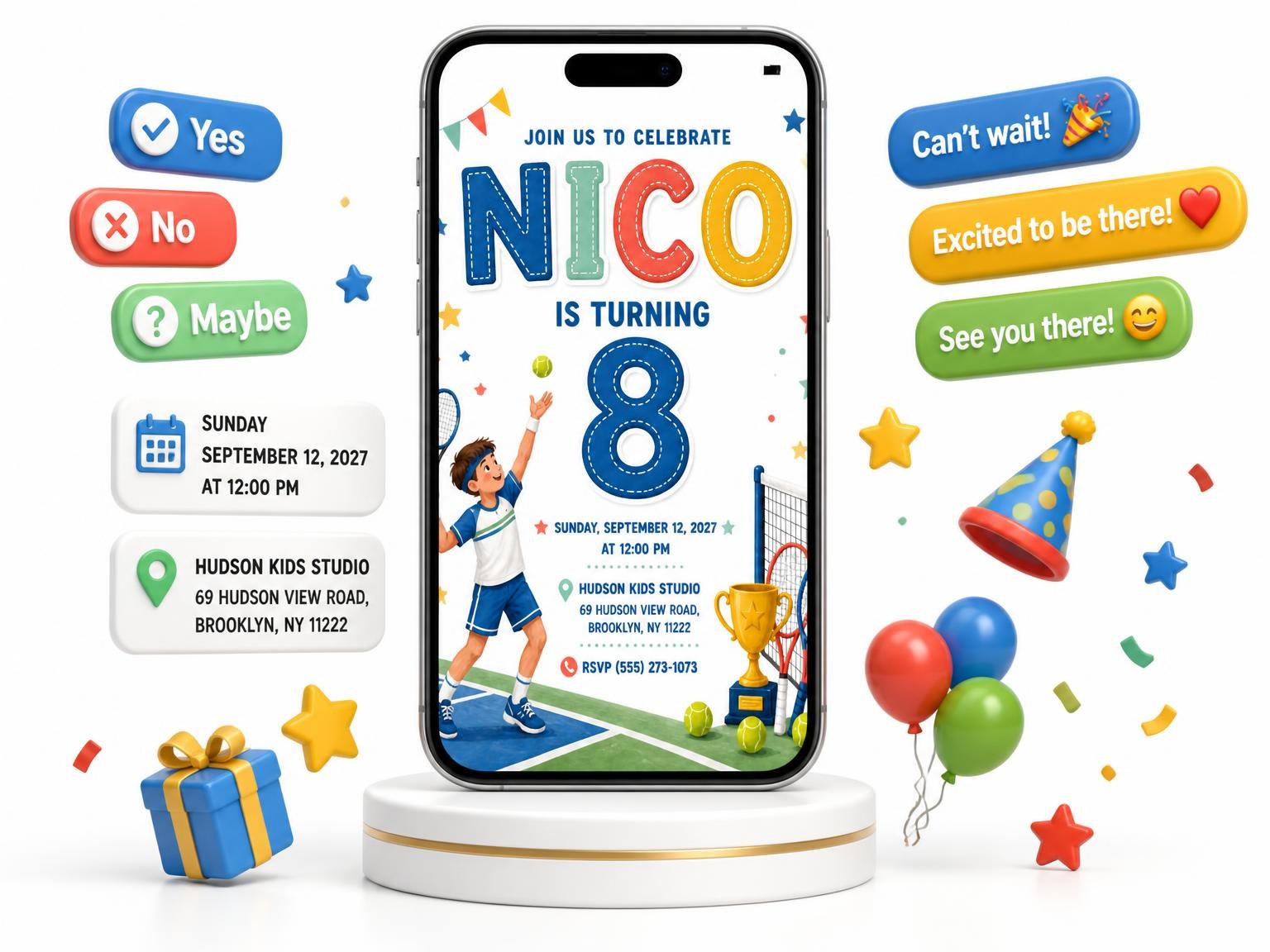 The Tennis Net Stitched 8th Birthday Invitation invitation on a phone, with guest RSVPs arriving around it