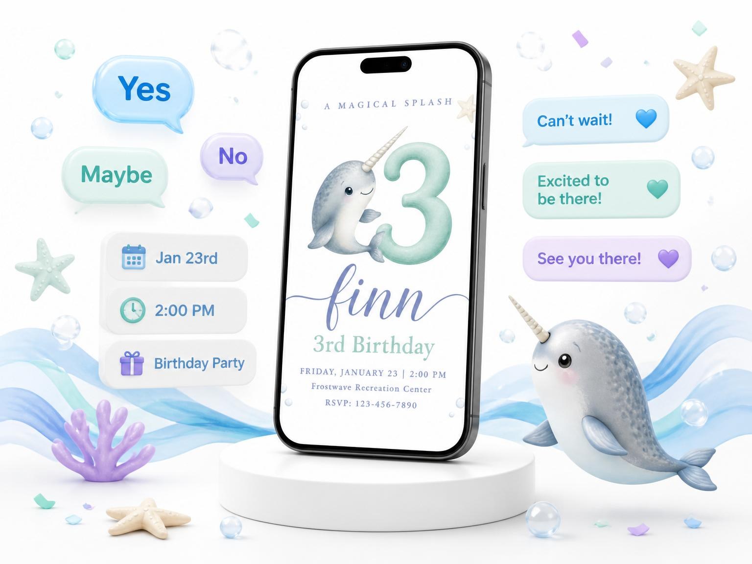 The Blue Narwhal Watercolor 3rd Birthday invitation on a phone, with guest RSVPs arriving around it