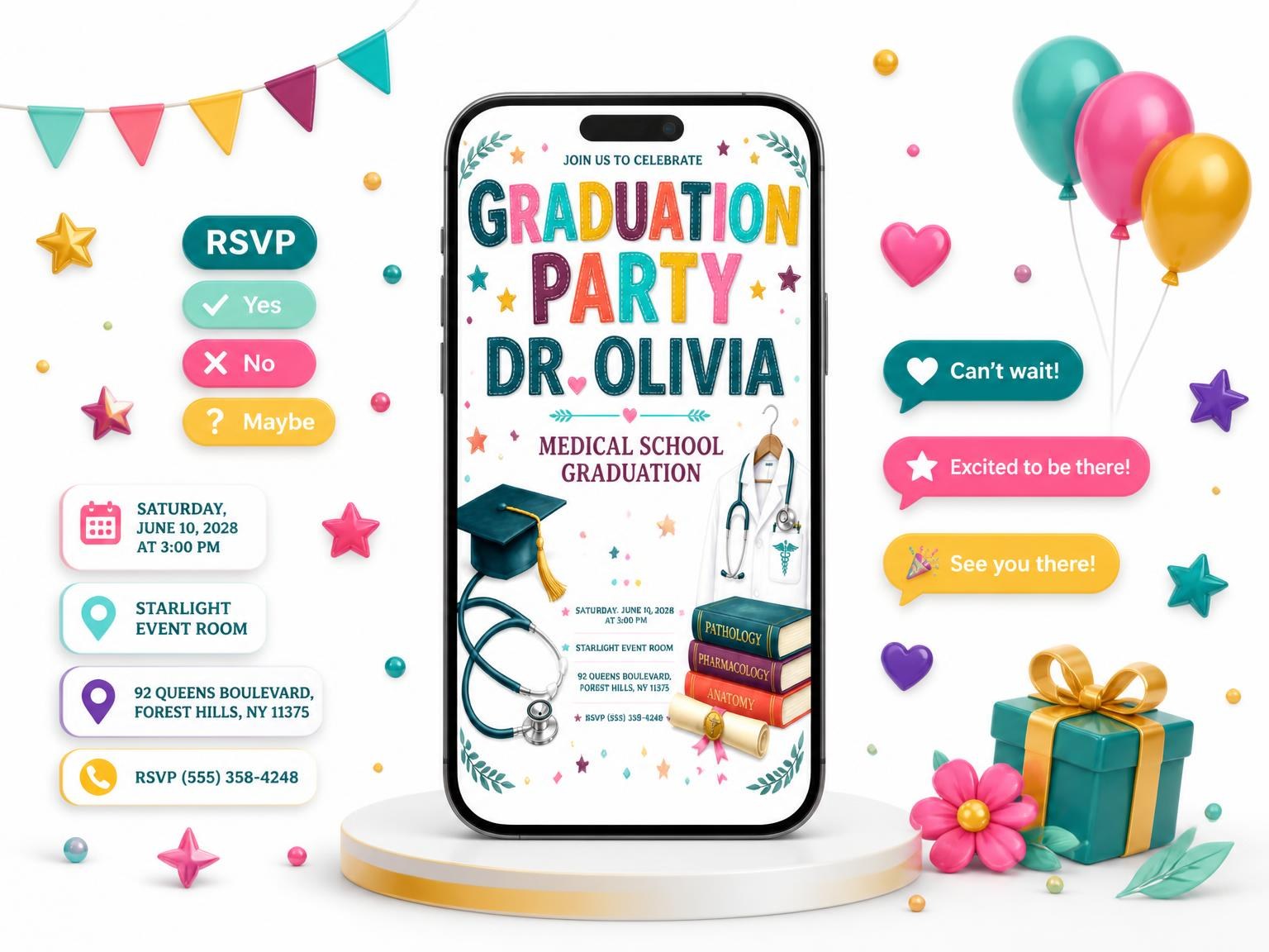 The Medical School Graduation Invitation invitation on a phone, with guest RSVPs arriving around it