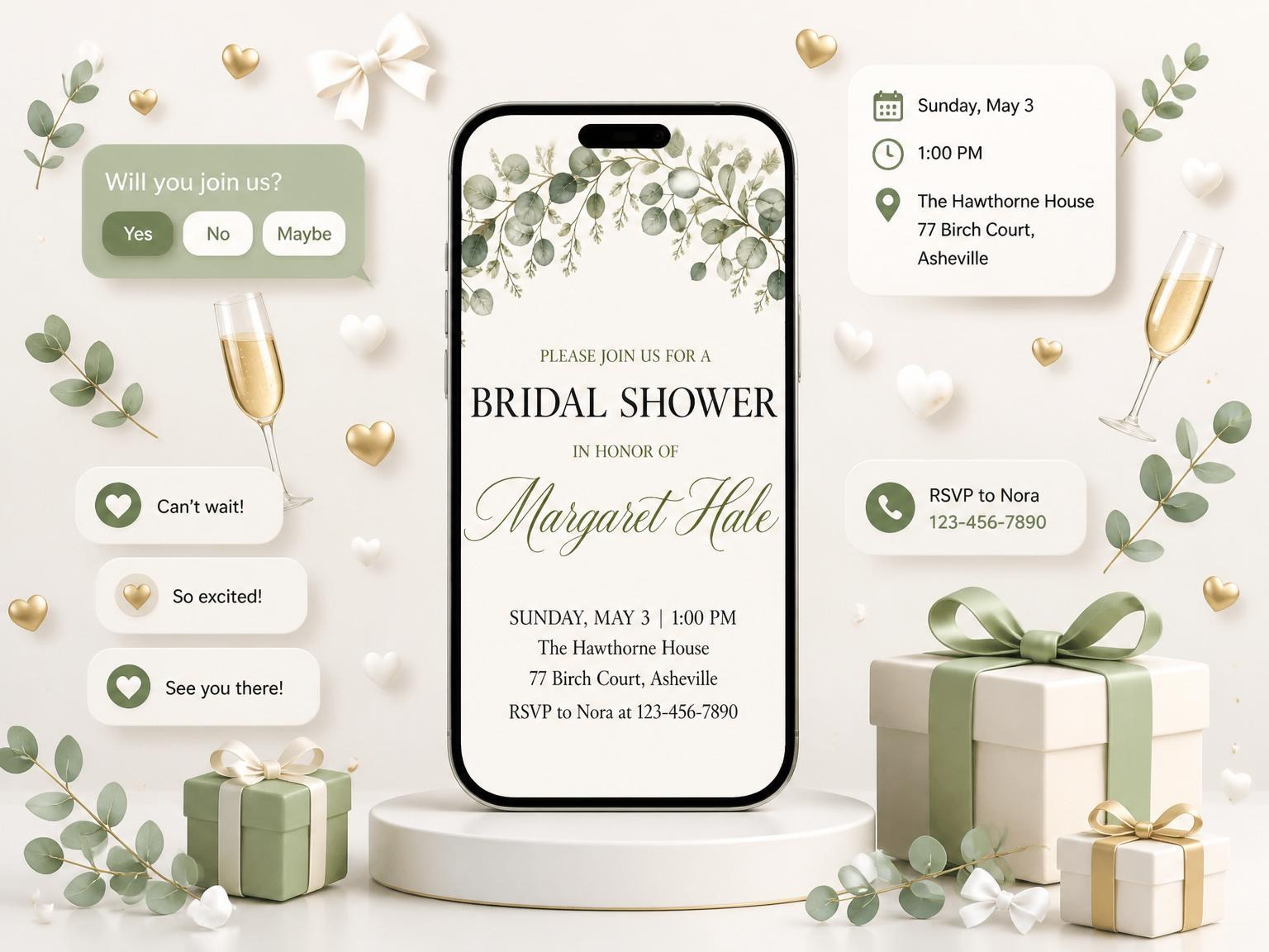 The Watercolor Eucalyptus Greenery Bridal Shower invitation on a phone, with guest RSVPs arriving around it
