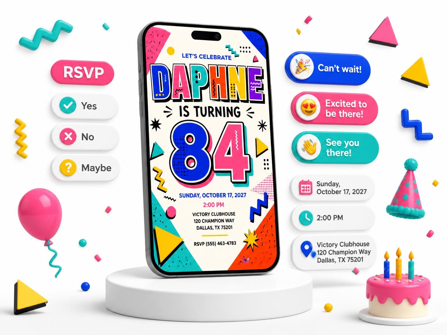 The Memphis Pop 84th Birthday Invitation invitation on a phone, with guest RSVPs arriving around it
