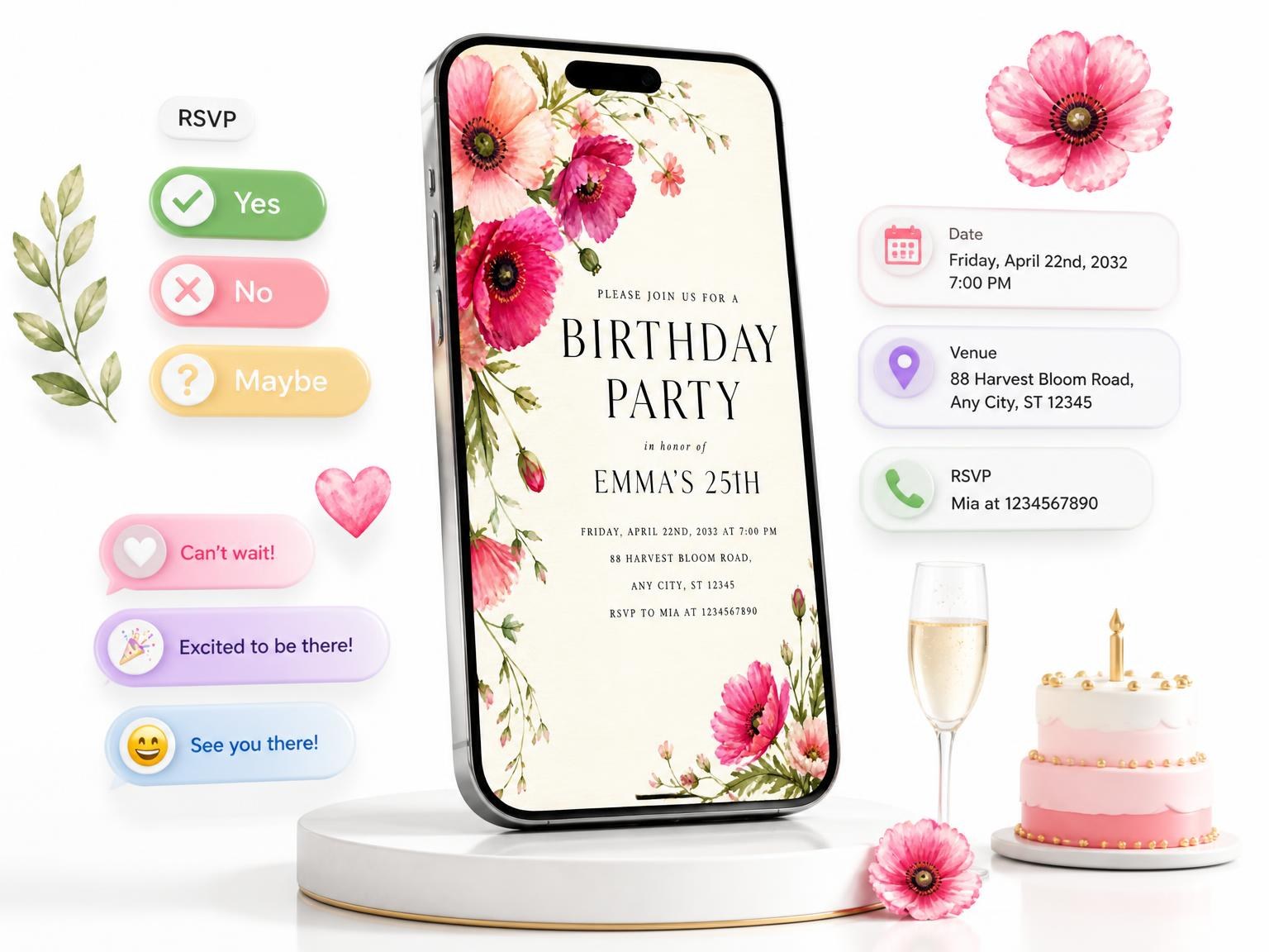 The Fuchsia Poppy Floral 25th Birthday Invitation invitation on a phone, with guest RSVPs arriving around it