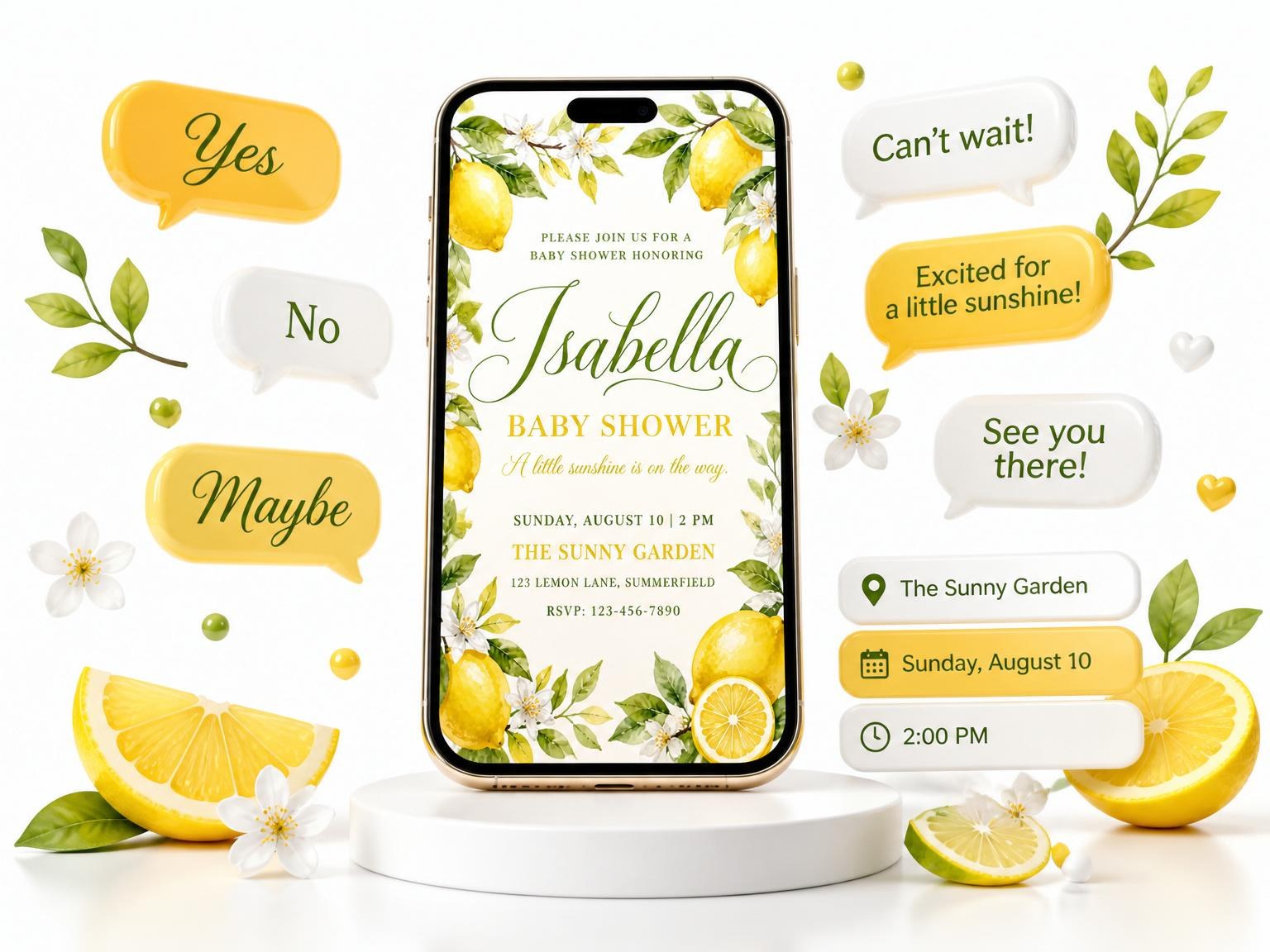 The Watercolor Lemon Citrus Baby Shower invitation on a phone, with guest RSVPs arriving around it