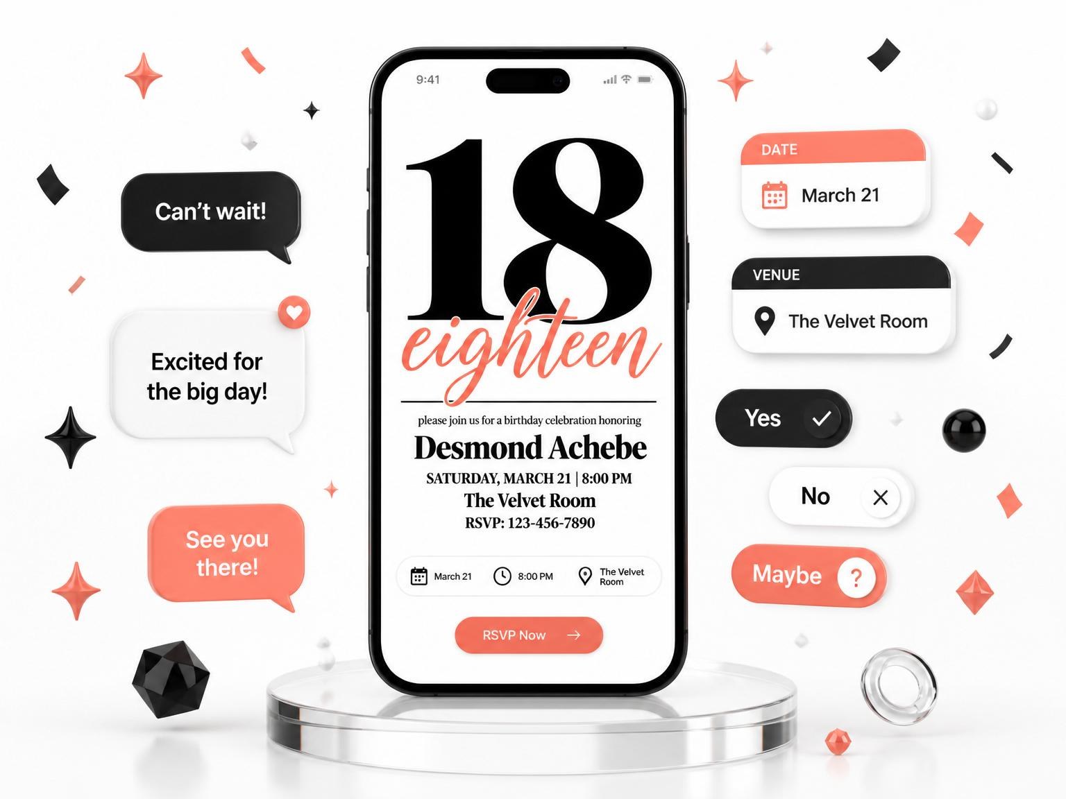 The Minimalist Typography 18th Birthday Invitation invitation on a phone, with guest RSVPs arriving around it