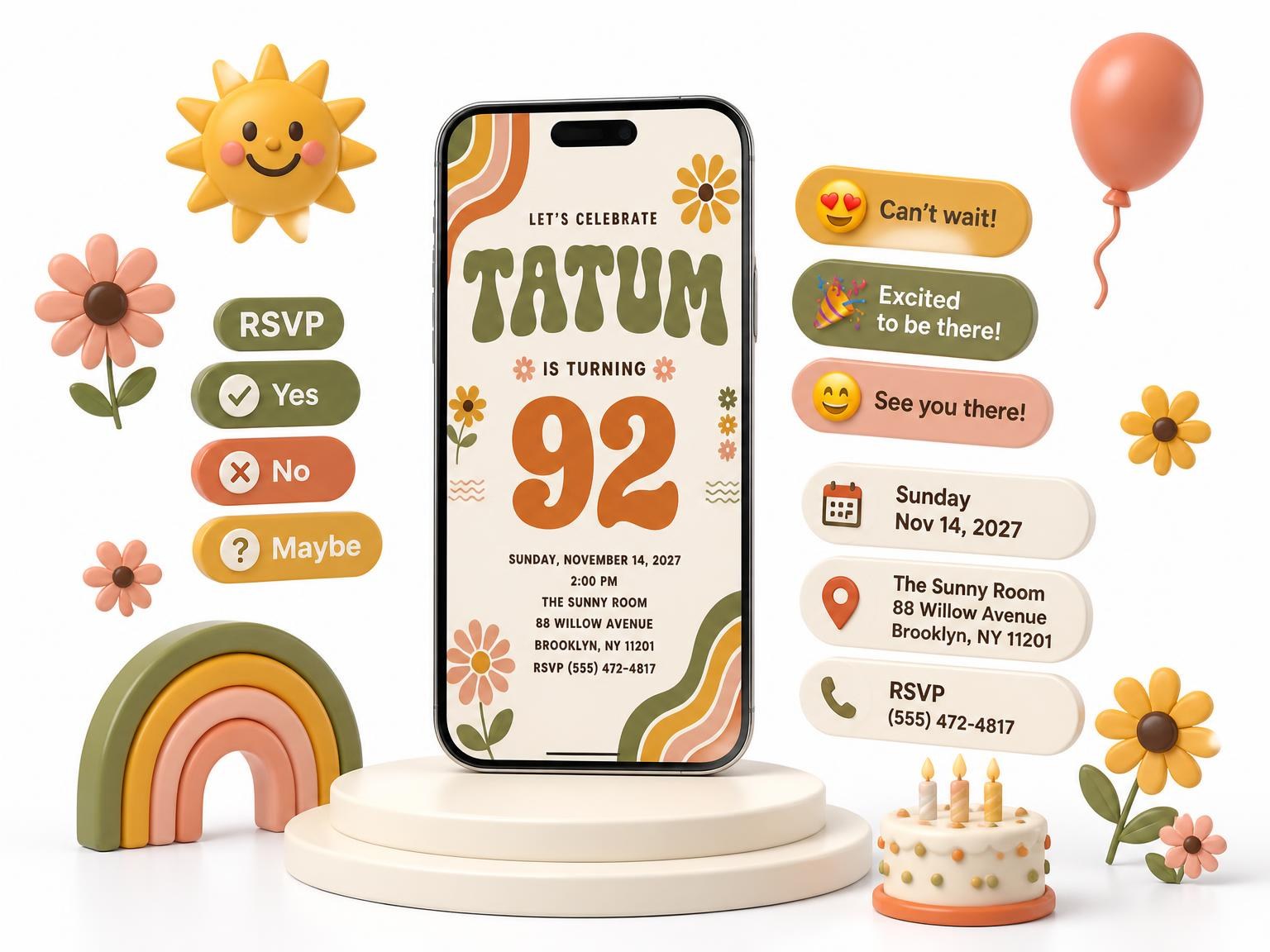The Groovy Retro 92nd Birthday Invitation invitation on a phone, with guest RSVPs arriving around it