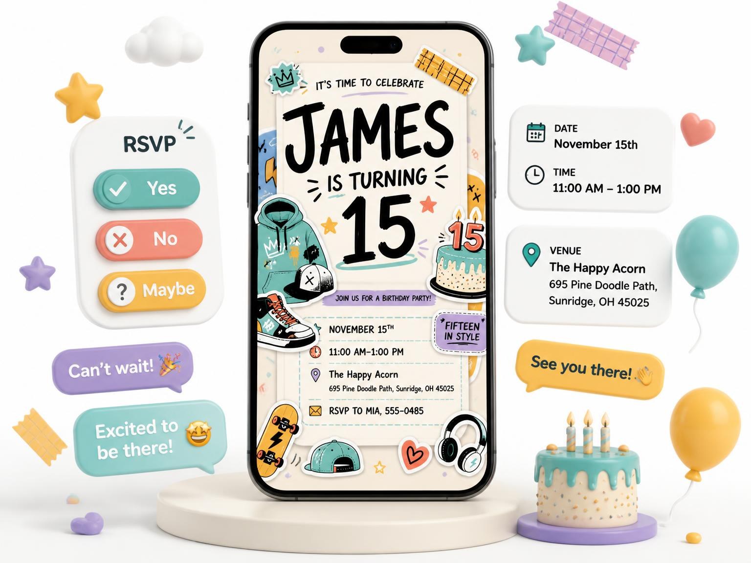 The Teal Spray Pastel 15th Birthday Invitation invitation on a phone, with guest RSVPs arriving around it