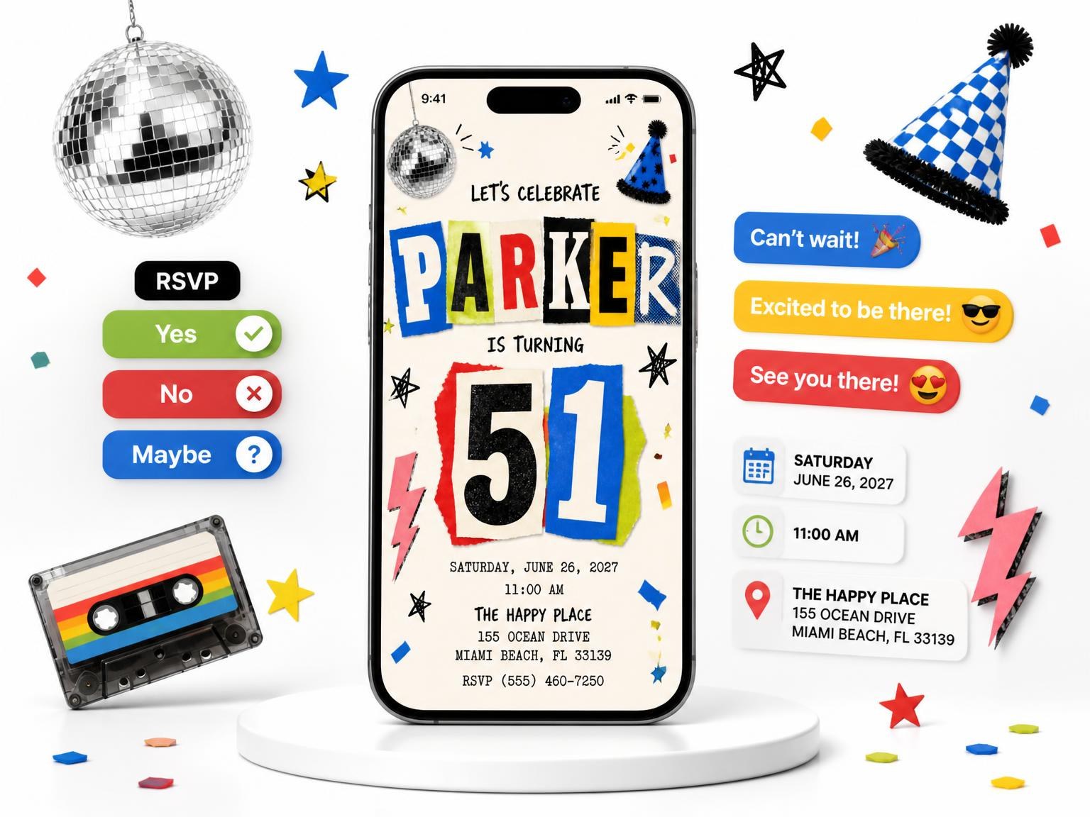 The Retro Paper Collage 51st Birthday Invitation invitation on a phone, with guest RSVPs arriving around it