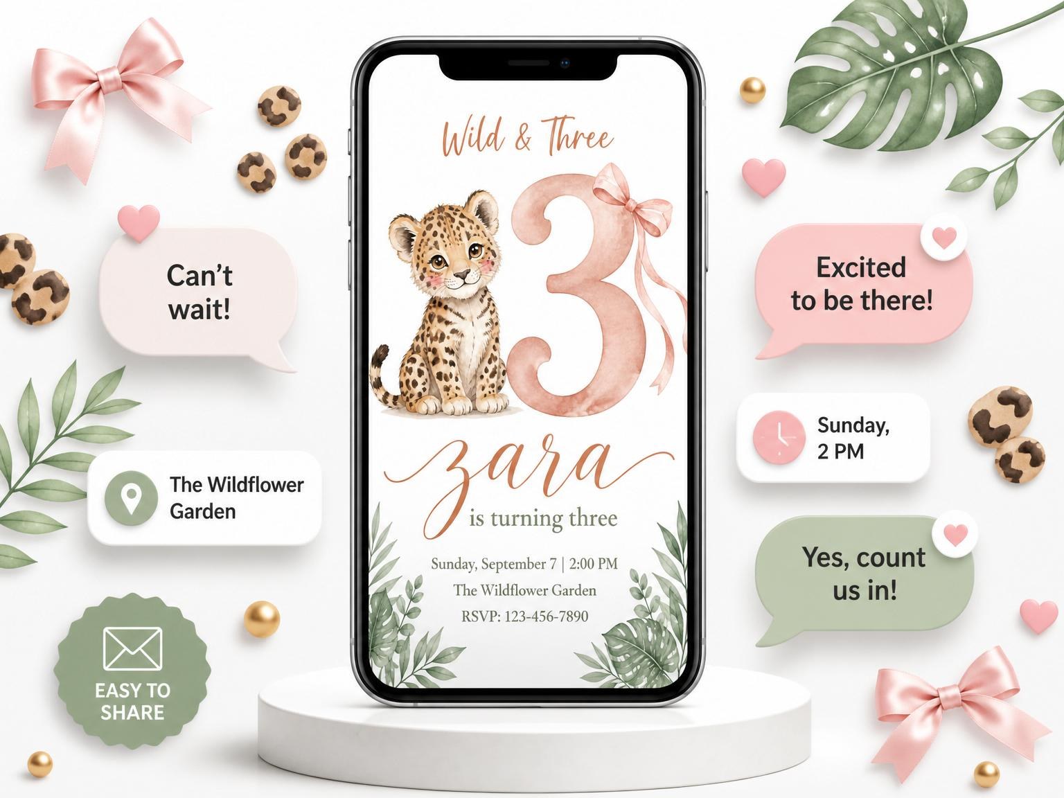 The Blush Leopard Botanical 3rd Birthday invitation on a phone, with guest RSVPs arriving around it