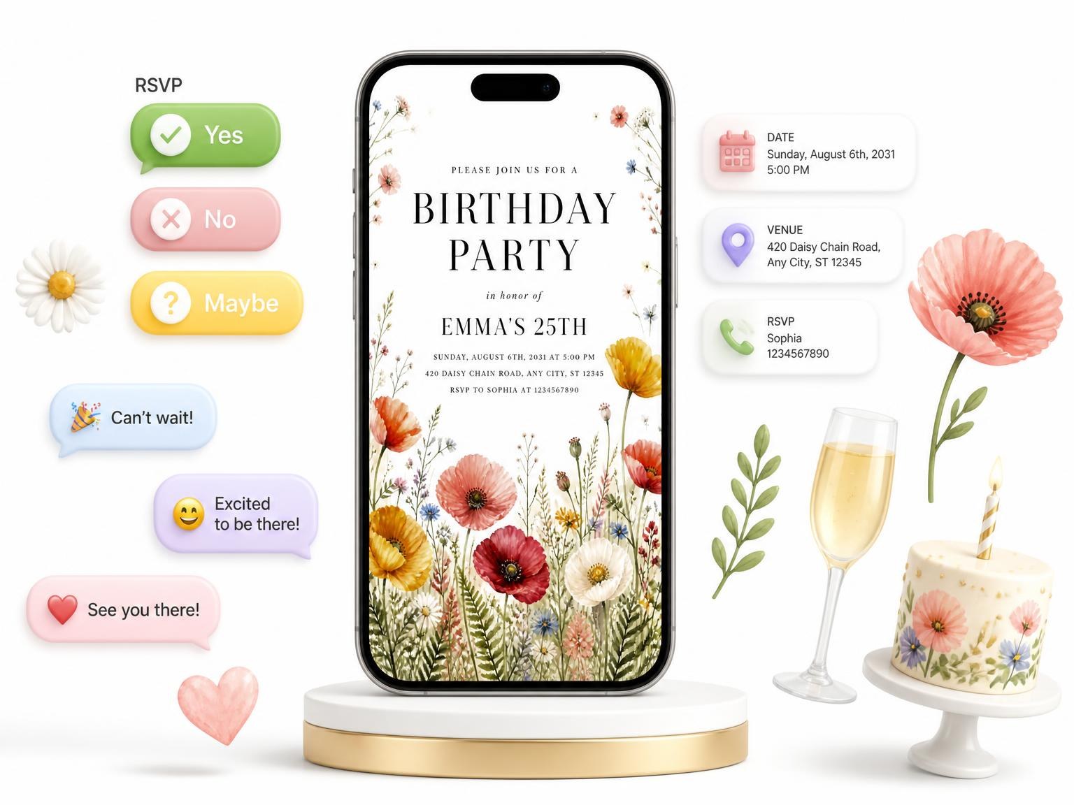 The Golden Poppy Meadow 25th Birthday Invitation invitation on a phone, with guest RSVPs arriving around it