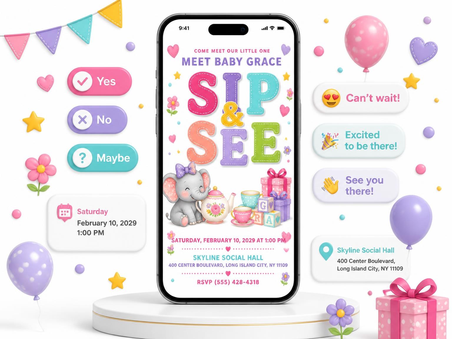The Baby Elephant Sip and See Invitation invitation on a phone, with guest RSVPs arriving around it