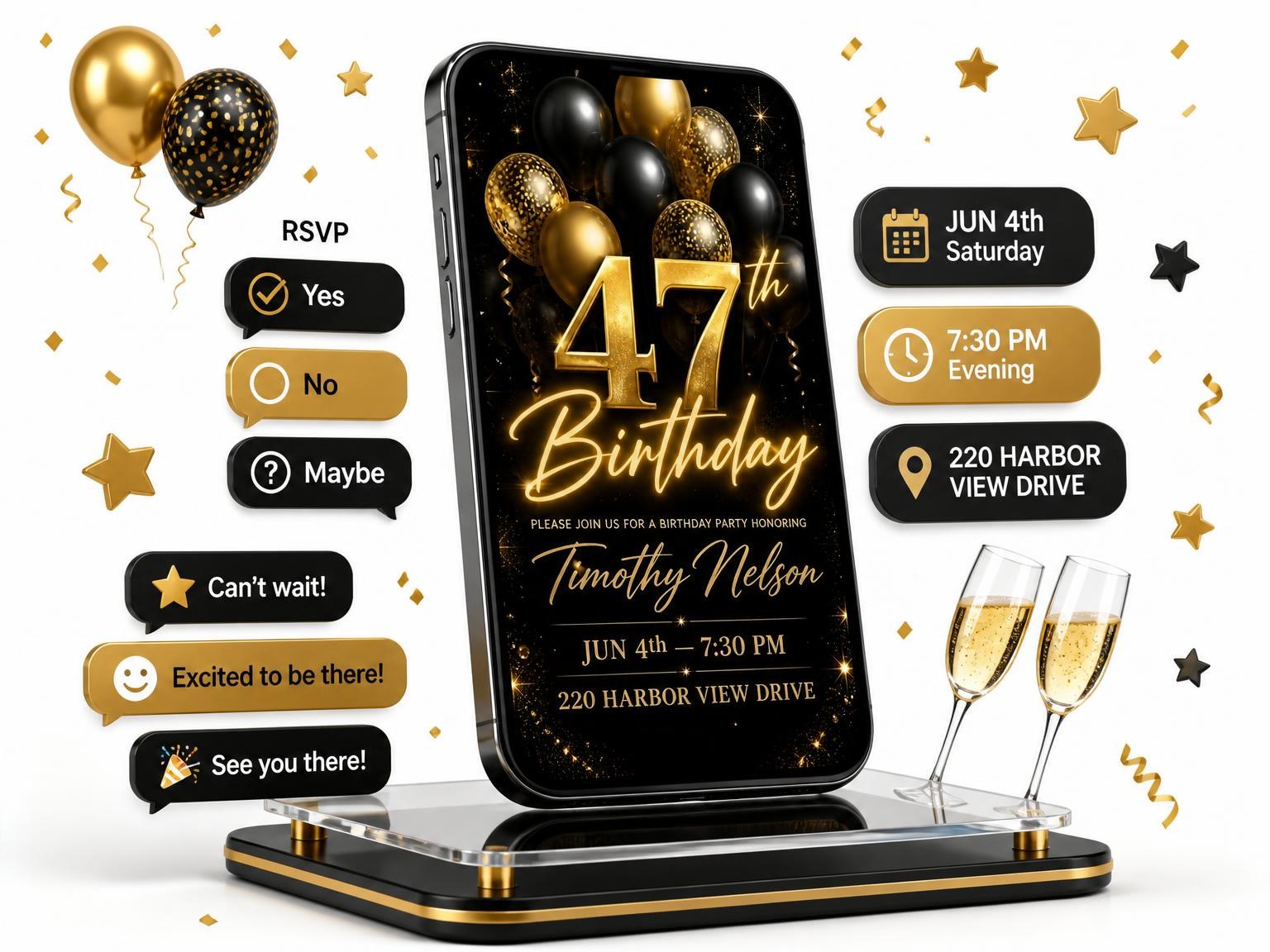 The Black and Gold Balloon 47th Birthday invitation on a phone, with guest RSVPs arriving around it
