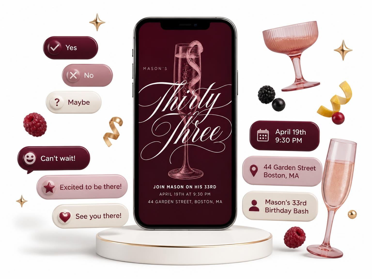 The Burgundy Cocktail 33rd Birthday Invitation invitation on a phone, with guest RSVPs arriving around it