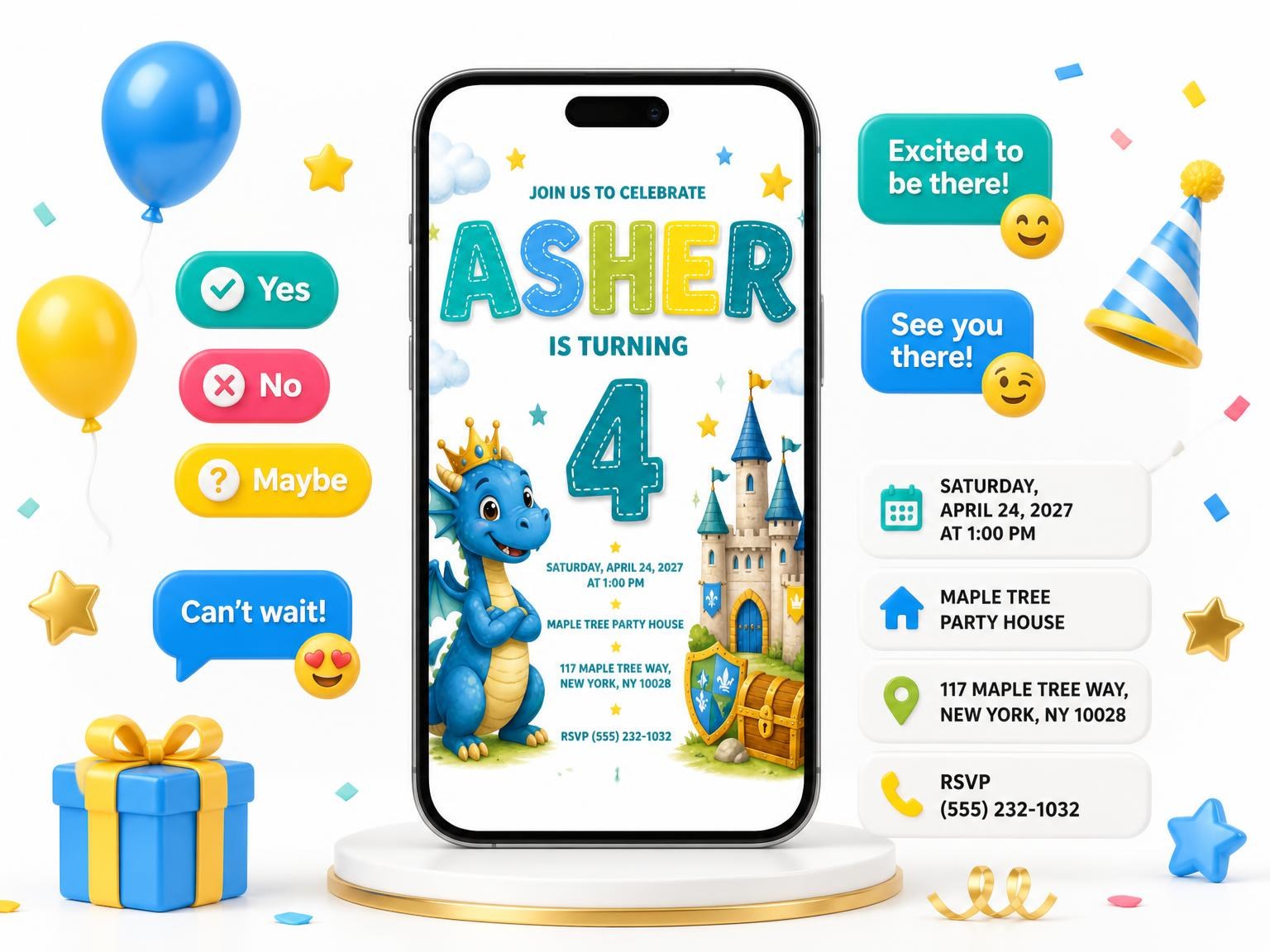 The Blue Dragon Castle 4th Birthday Invitation invitation on a phone, with guest RSVPs arriving around it
