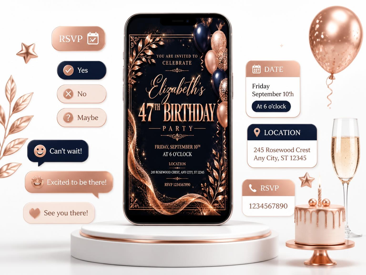 The Navy and Rose Gold 47th Birthday Invitation invitation on a phone, with guest RSVPs arriving around it