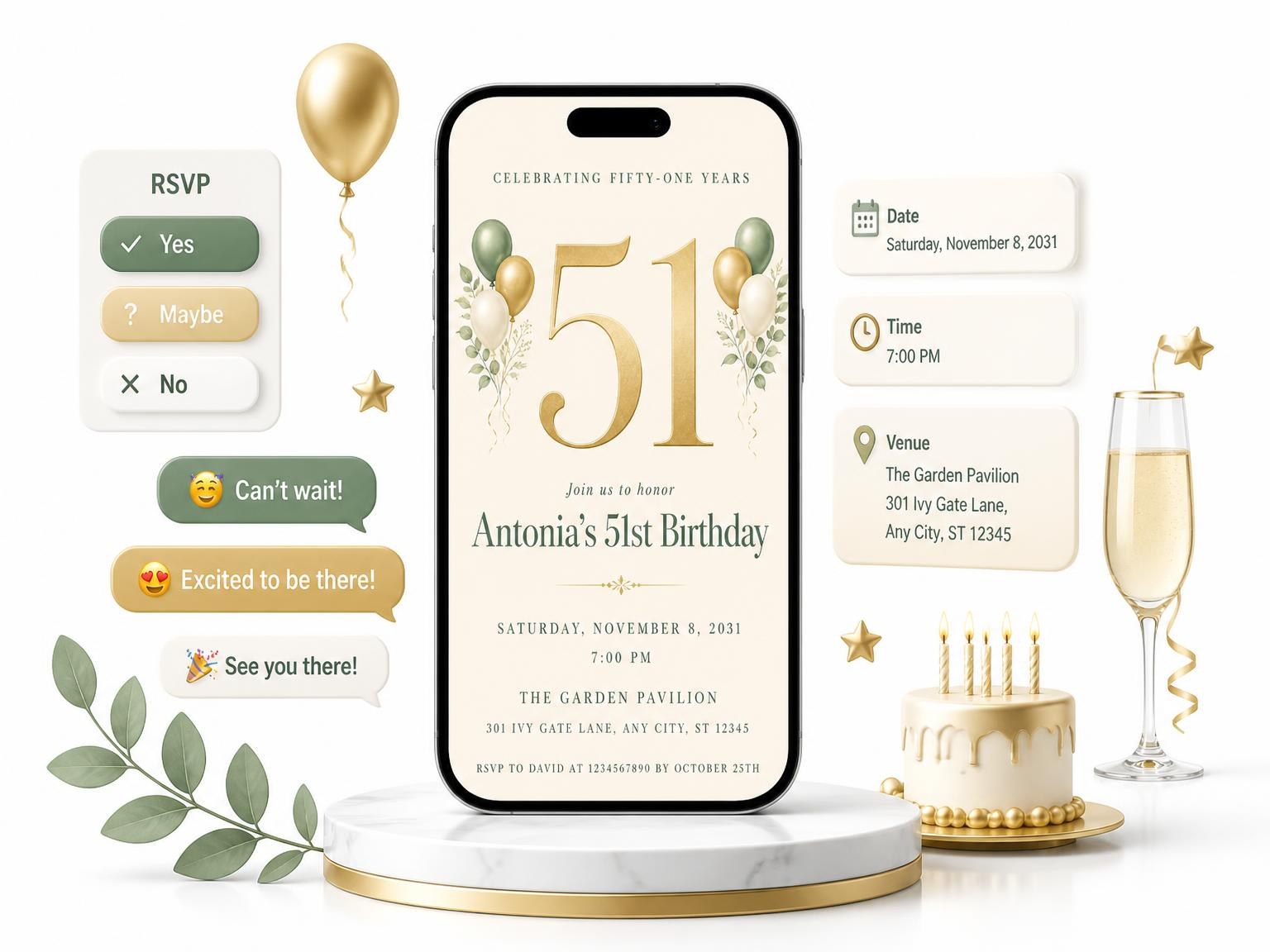 The Sage and Ivory 51st Birthday Invitation invitation on a phone, with guest RSVPs arriving around it