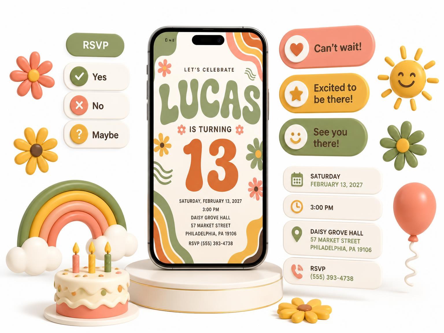 The Groovy Retro 13th Birthday Invitation invitation on a phone, with guest RSVPs arriving around it