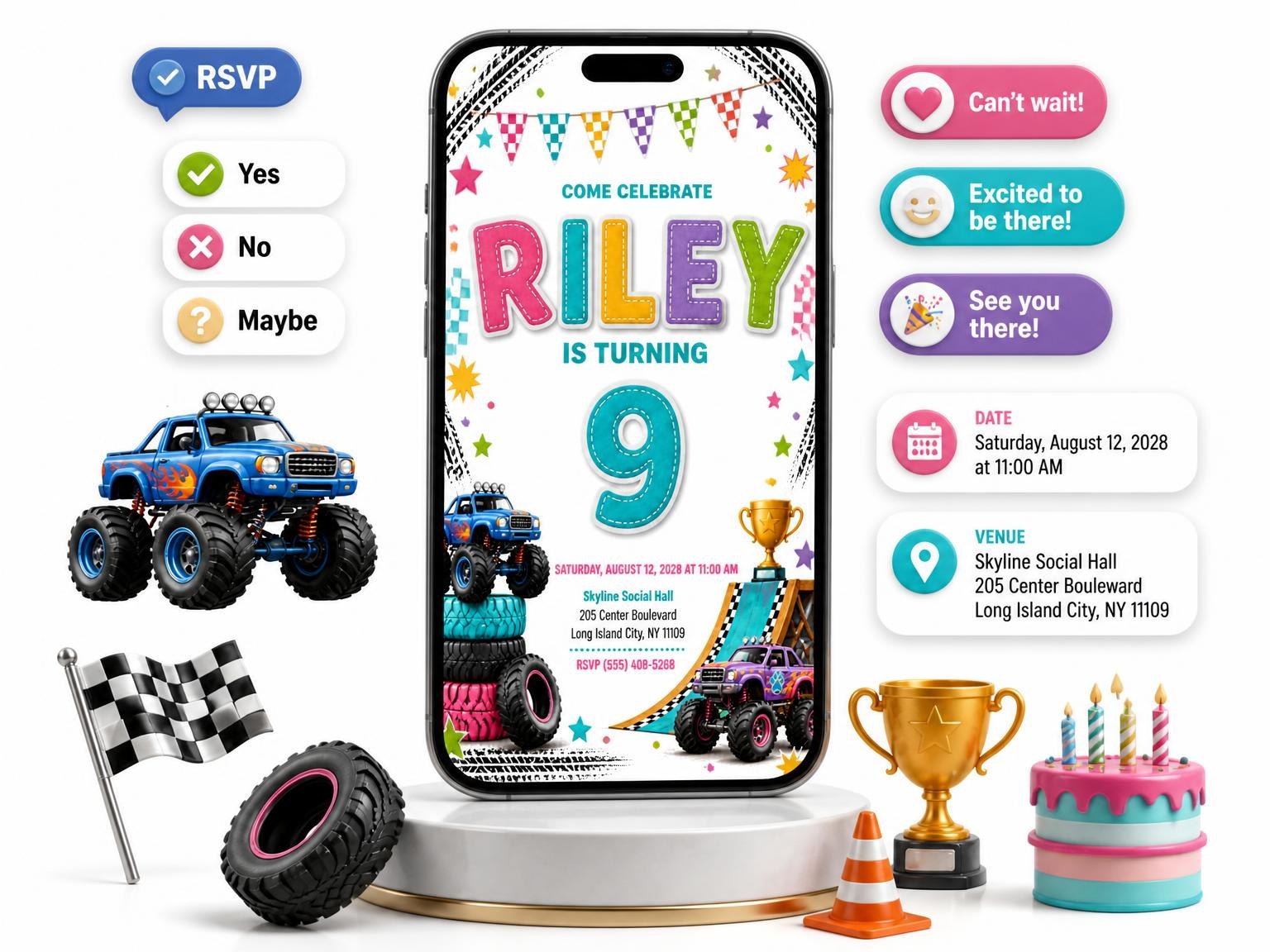 The Stitched Monster Truck 9th Birthday Invitation invitation on a phone, with guest RSVPs arriving around it