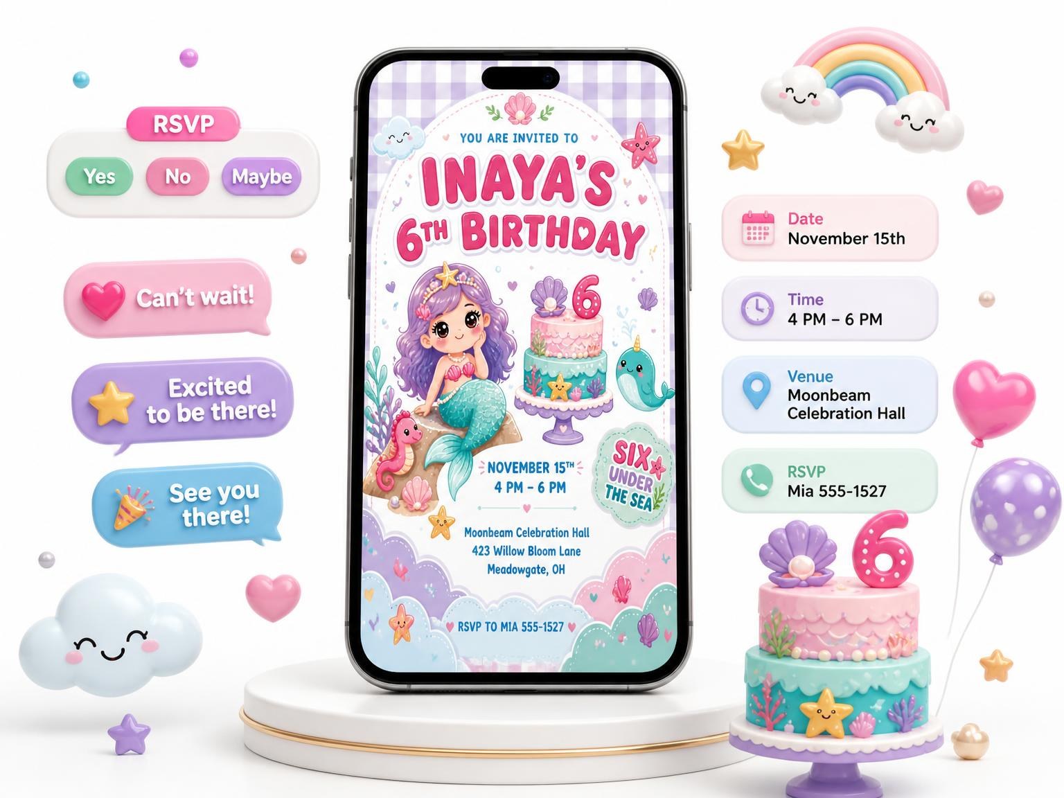 The Mermaid Kawaii Pastel 6th Birthday Invitation invitation on a phone, with guest RSVPs arriving around it