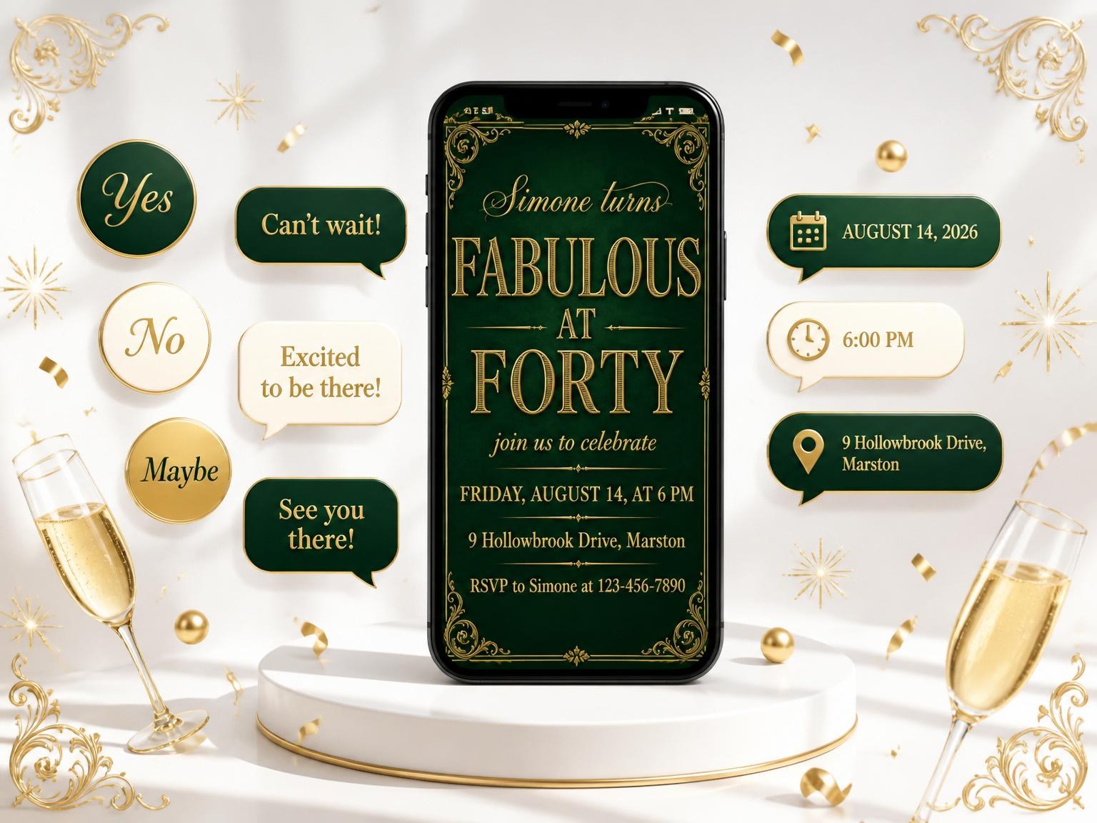 The Emerald and Gold Filigree 40th Birthday invitation on a phone, with guest RSVPs arriving around it