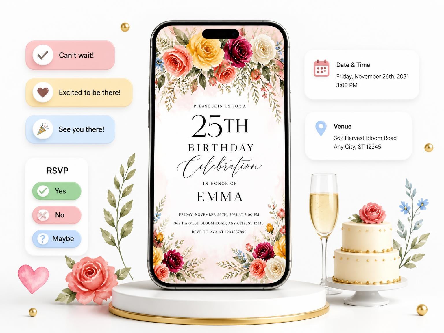 The Floral Garland Golden 25th Birthday Invitation invitation on a phone, with guest RSVPs arriving around it