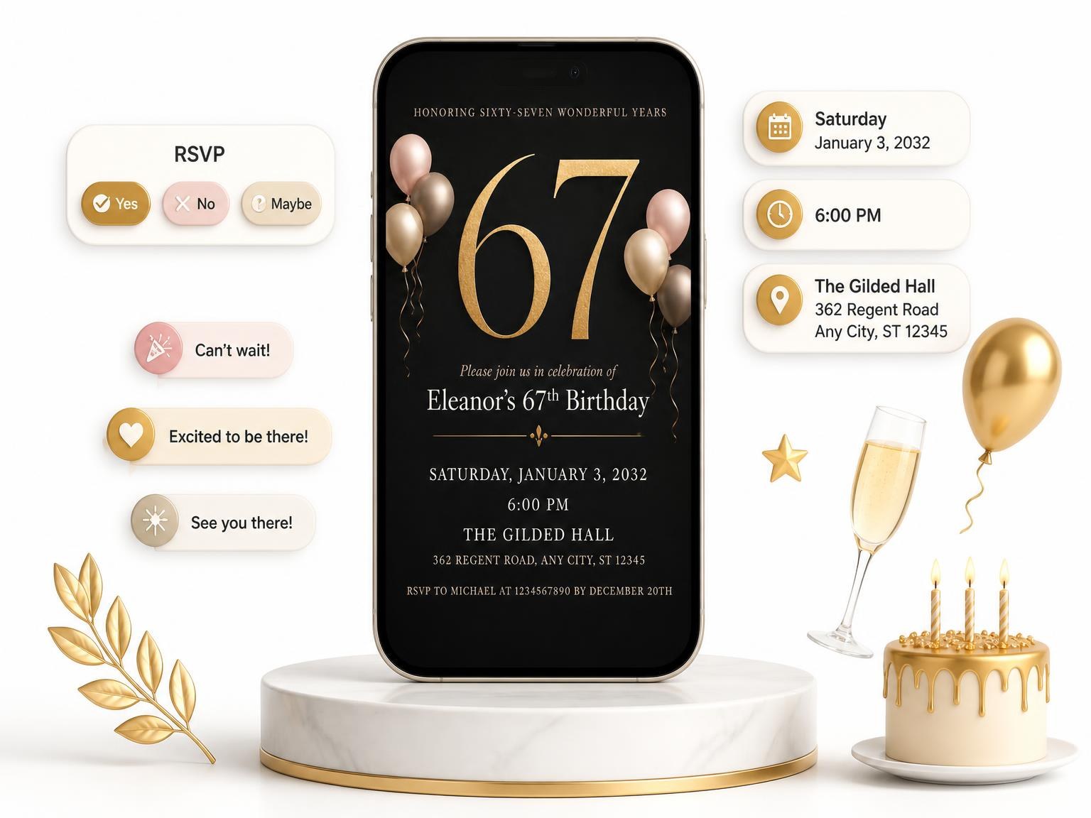 The Charcoal and Blush 67th Birthday Invitation invitation on a phone, with guest RSVPs arriving around it