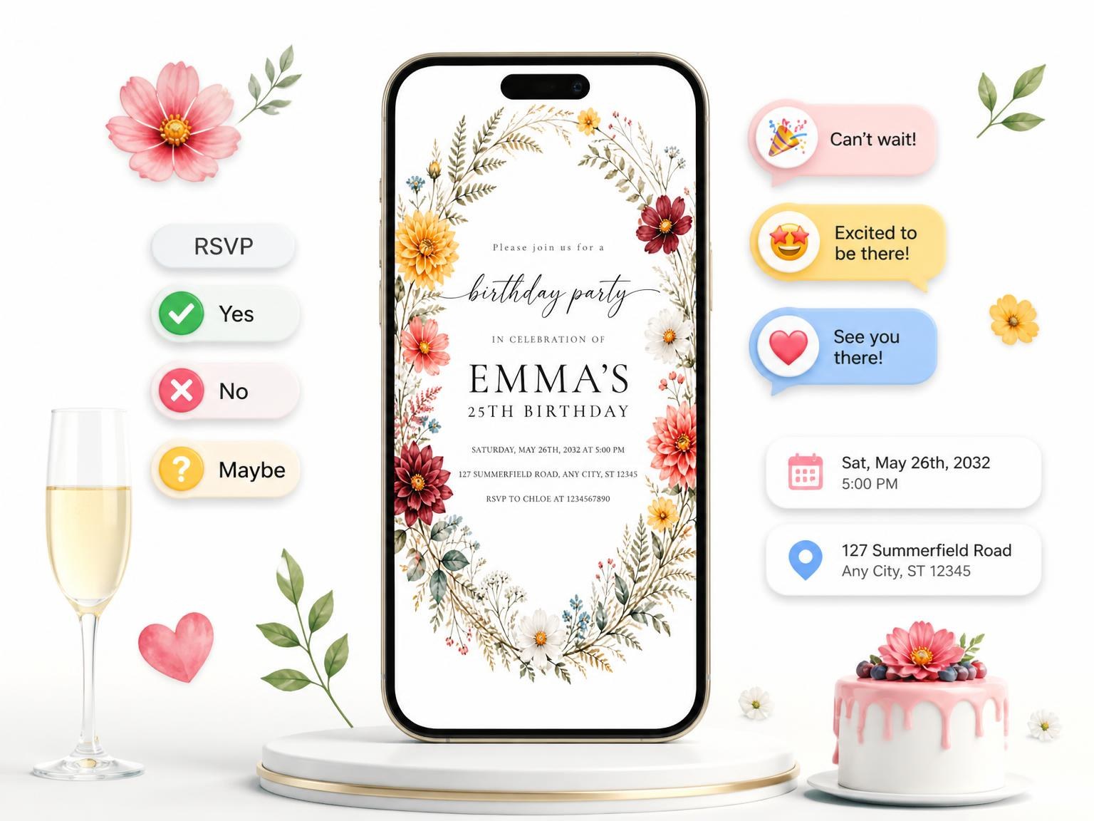 The Botanical Wildflower Golden 25th Birthday Invitation invitation on a phone, with guest RSVPs arriving around it