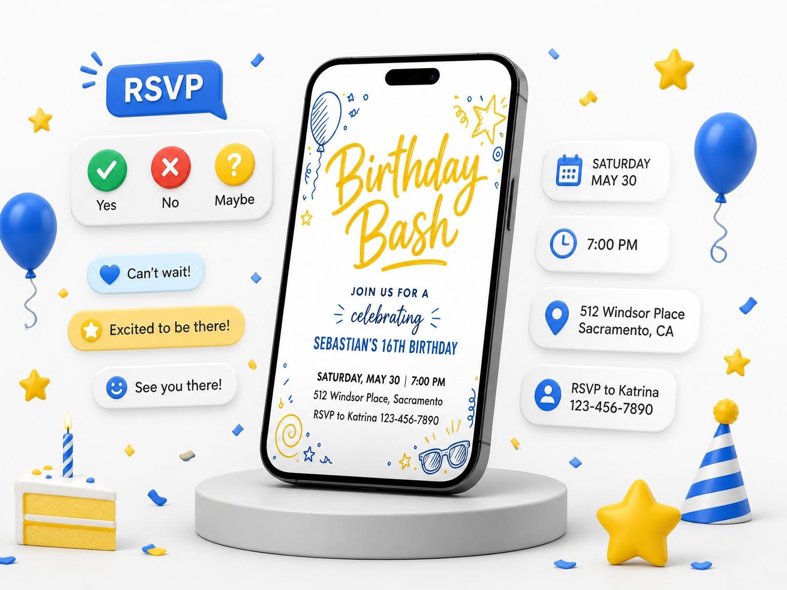 The Blue and Yellow Doodle 16th Birthday invitation on a phone, with guest RSVPs arriving around it