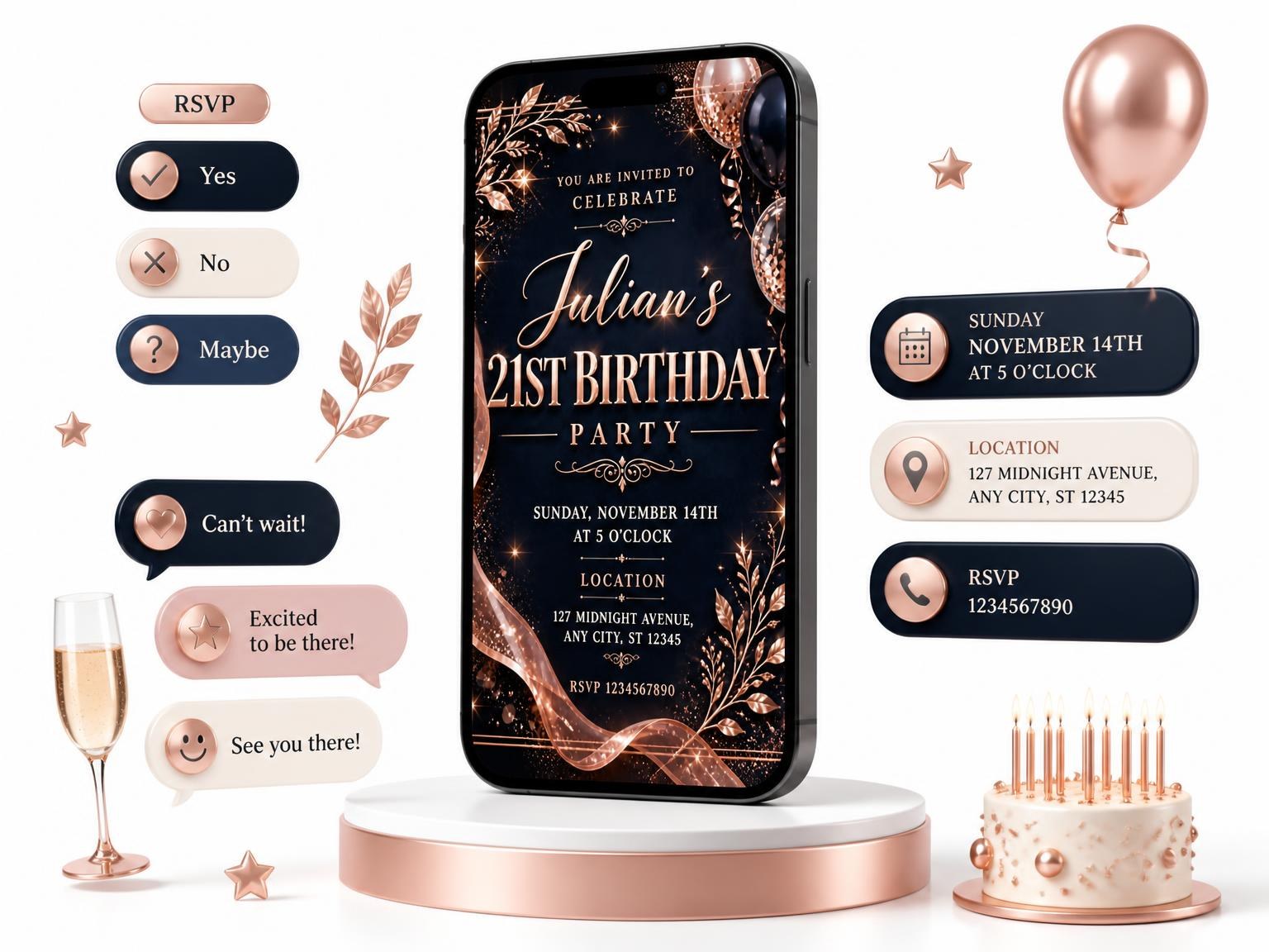 The Navy and Rose Gold 21st Birthday Invitation invitation on a phone, with guest RSVPs arriving around it
