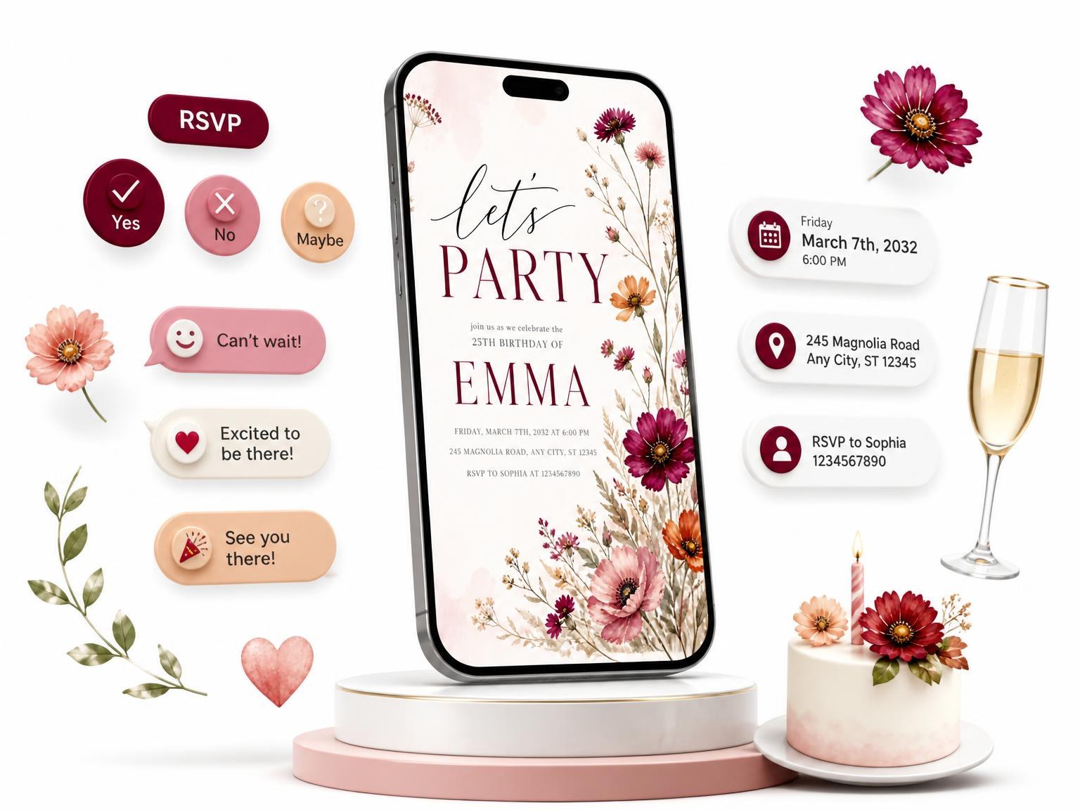 The Botanical Bouquet Autumn 25th Birthday Invitation invitation on a phone, with guest RSVPs arriving around it