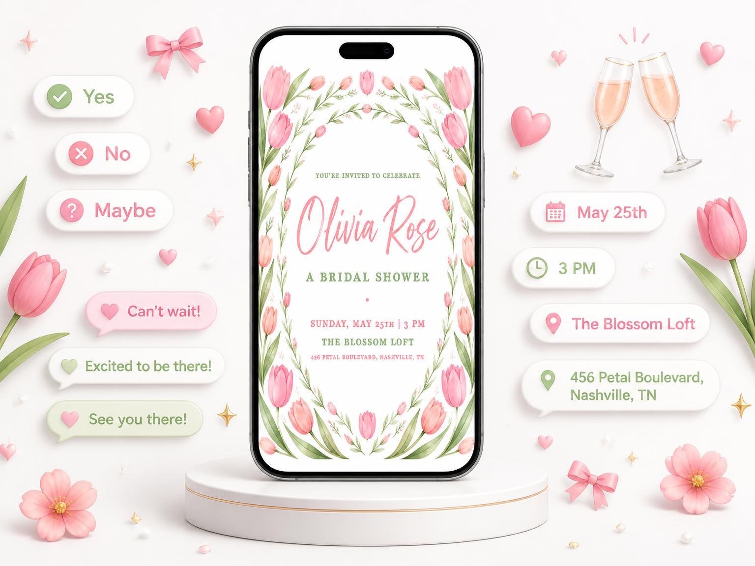 The Pink Tulip Watercolor Bridal Shower invitation on a phone, with guest RSVPs arriving around it