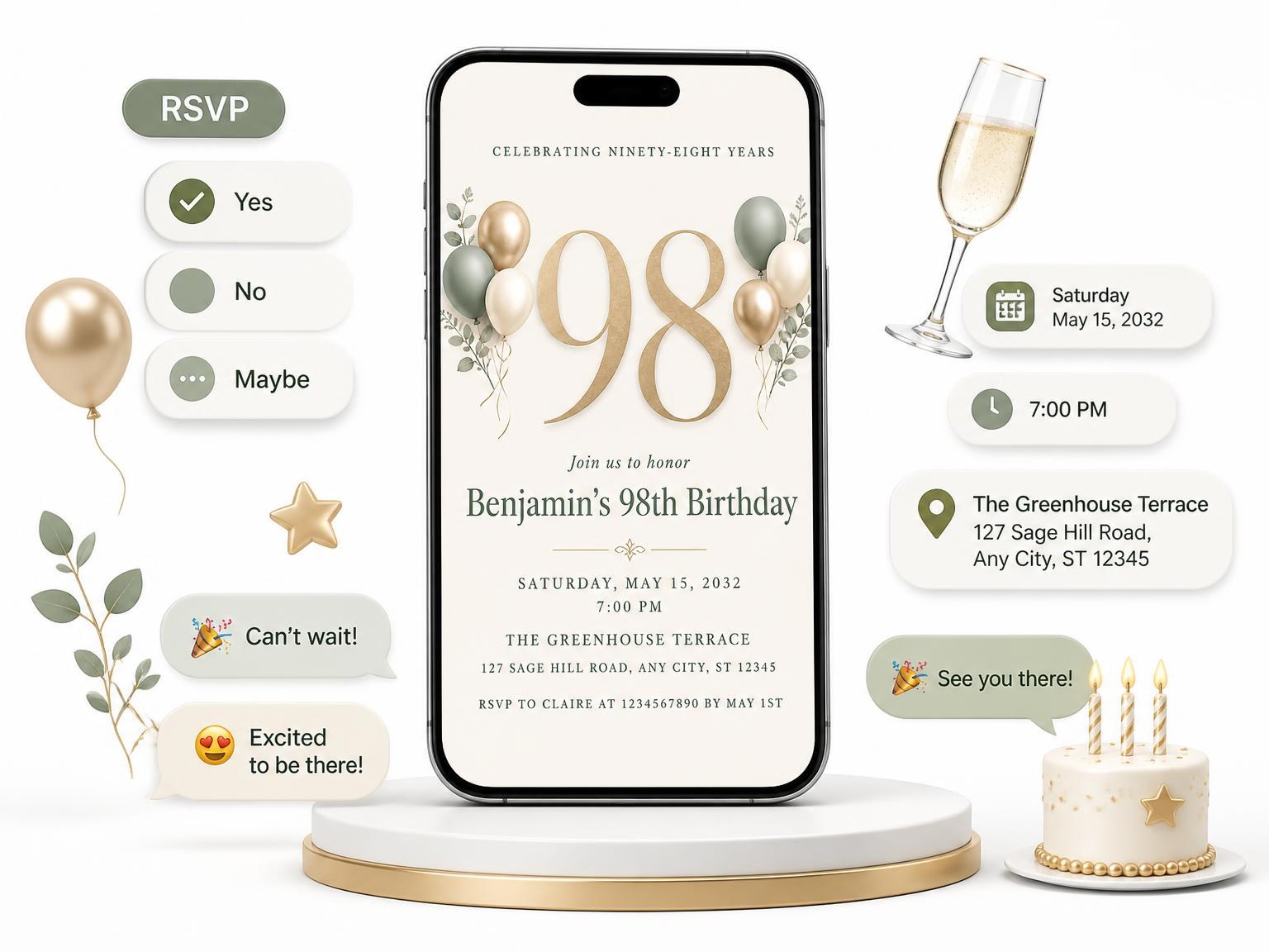 The Sage and Ivory 98th Birthday Invitation invitation on a phone, with guest RSVPs arriving around it