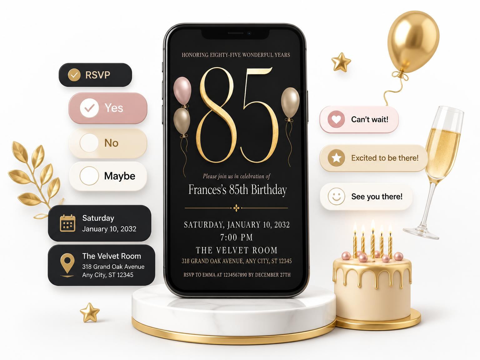 The Charcoal and Blush 85th Birthday Invitation invitation on a phone, with guest RSVPs arriving around it
