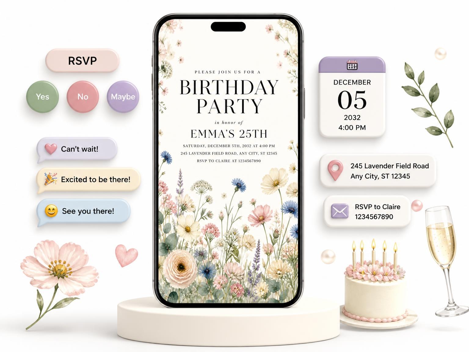 The Wildflower Meadow Ivory 25th Birthday Invitation invitation on a phone, with guest RSVPs arriving around it