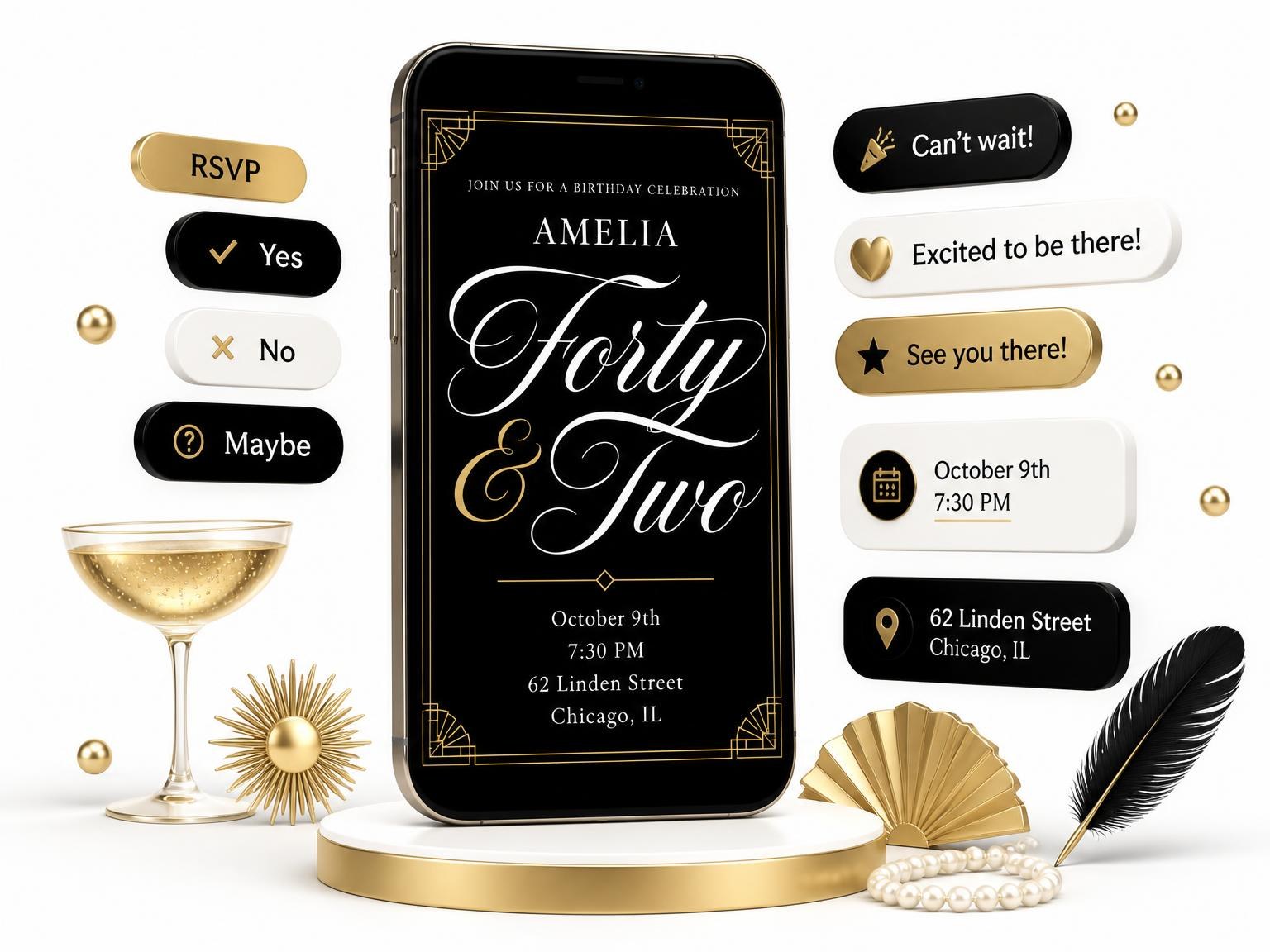 The Art Deco 42nd Birthday Invitation invitation on a phone, with guest RSVPs arriving around it