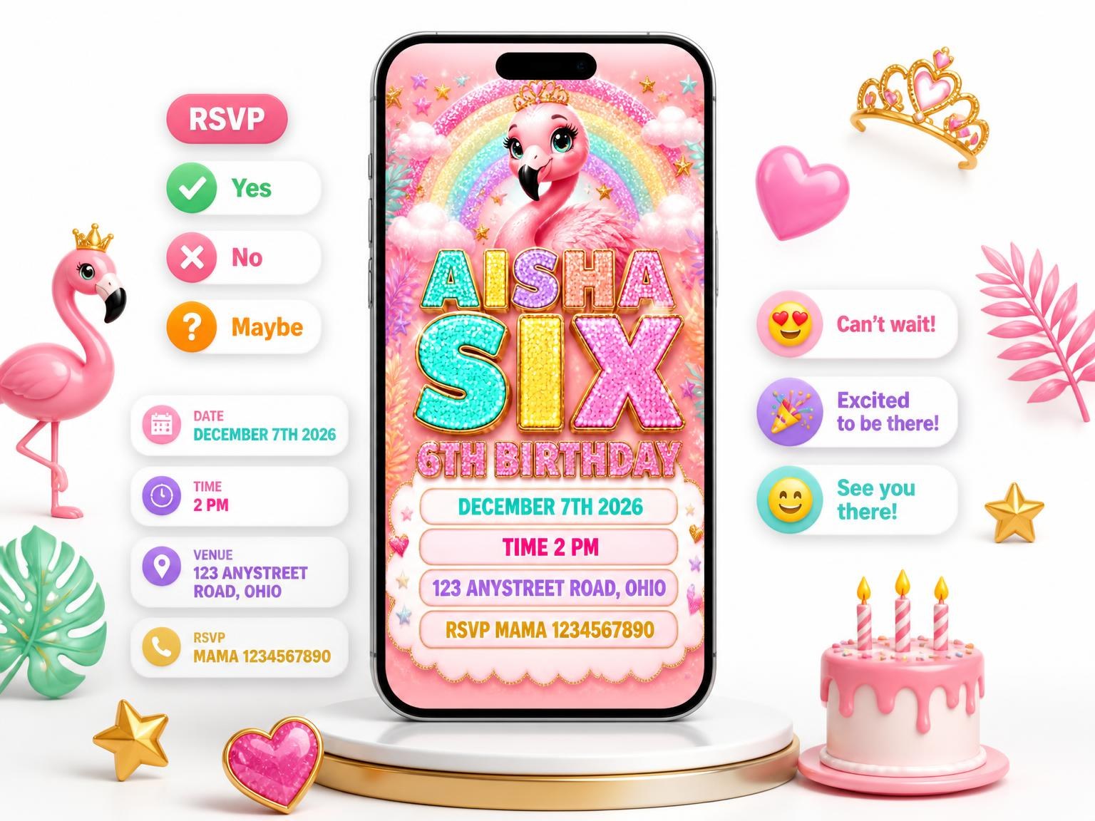 The Glitter Flamingo 6th Birthday Invitation invitation on a phone, with guest RSVPs arriving around it