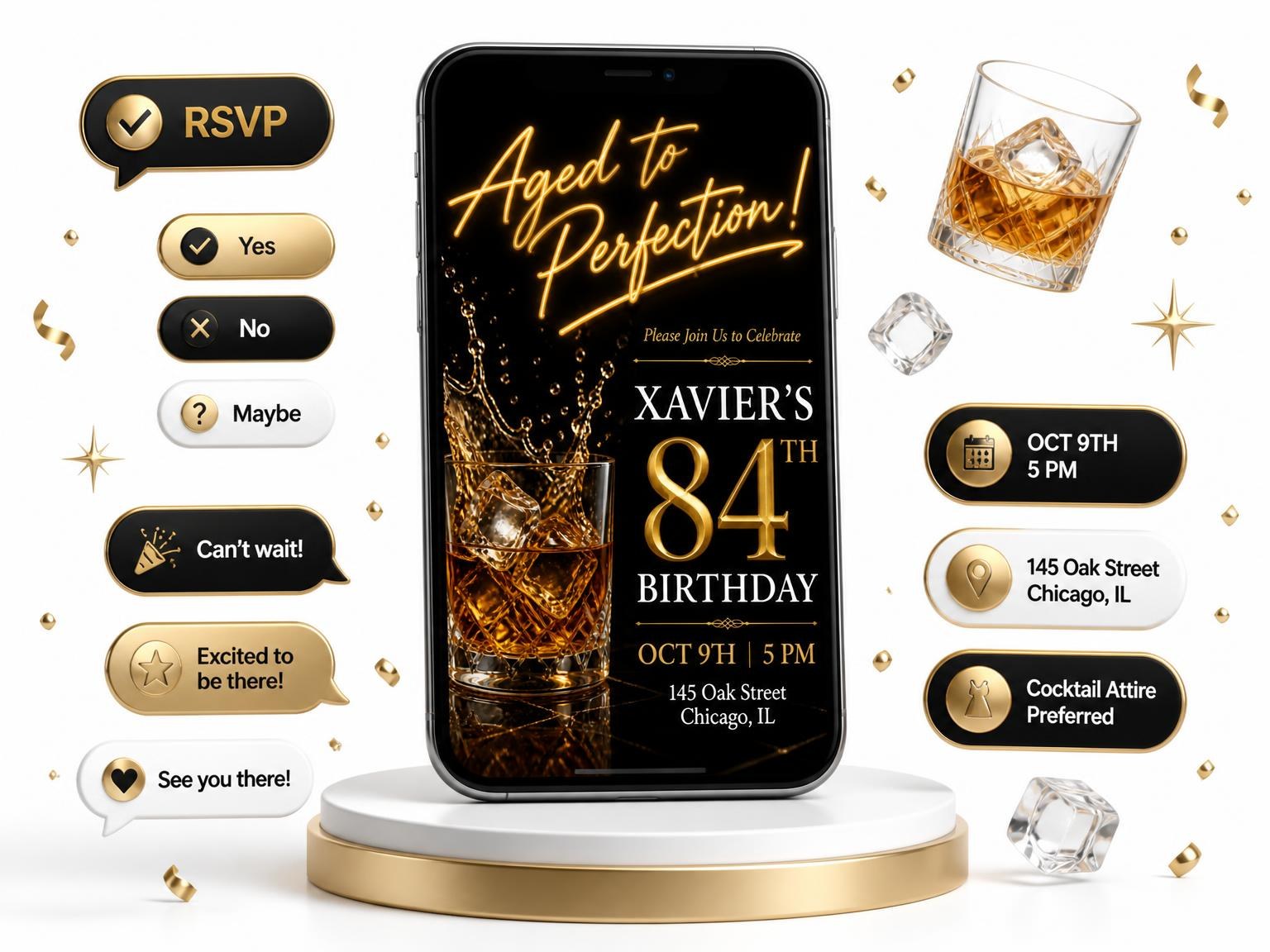 The Whiskey Tumbler 84th Birthday Invitation invitation on a phone, with guest RSVPs arriving around it