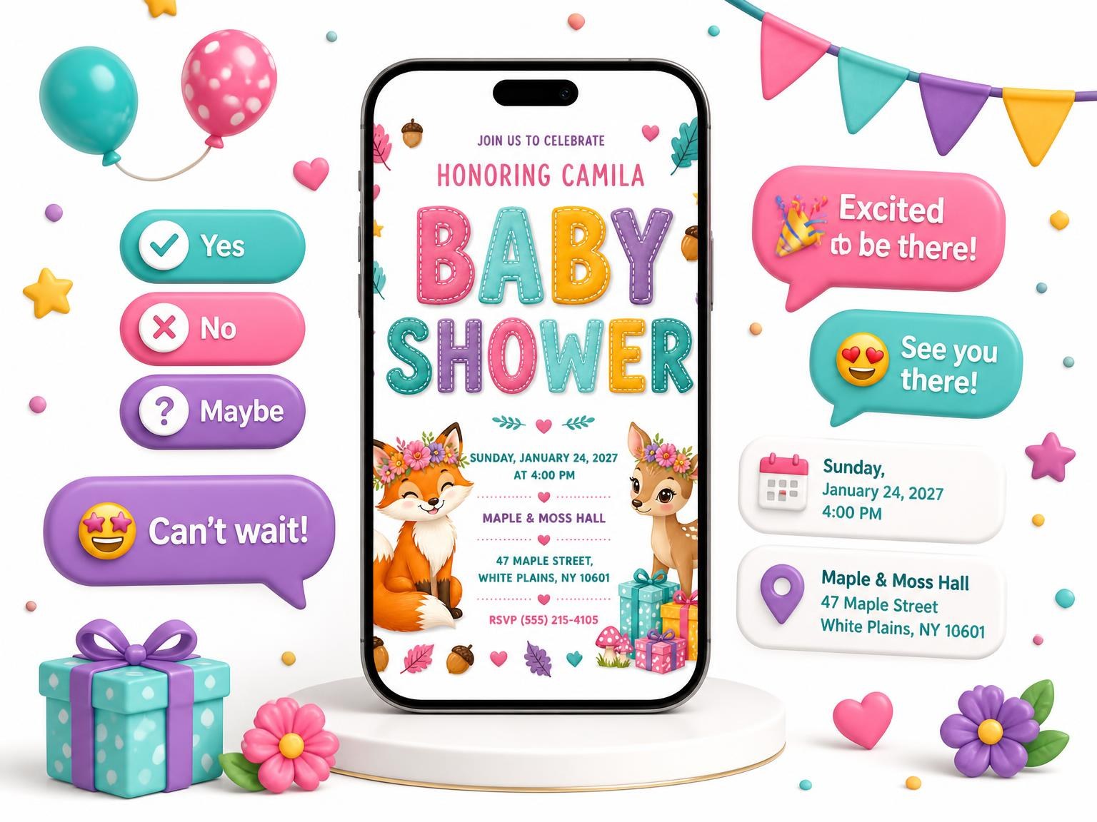The Fox Baby Shower Invitation invitation on a phone, with guest RSVPs arriving around it