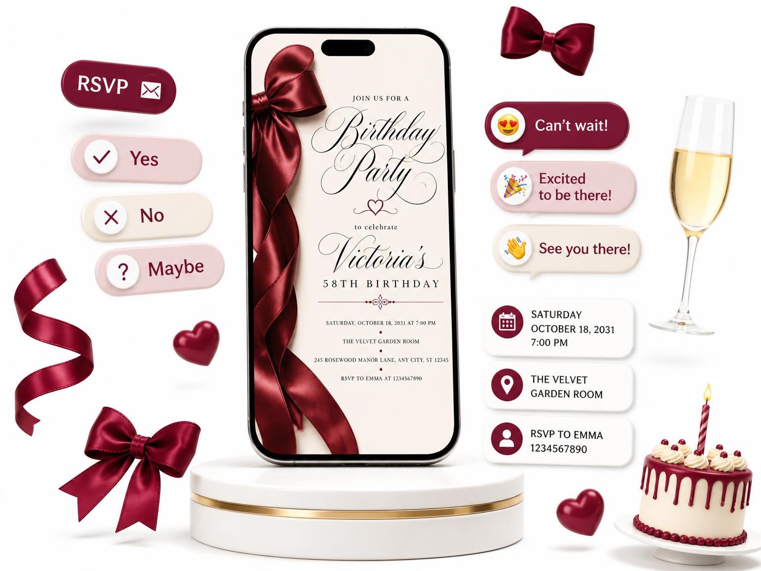 The Burgundy Satin Bow 58th Birthday Invitation invitation on a phone, with guest RSVPs arriving around it