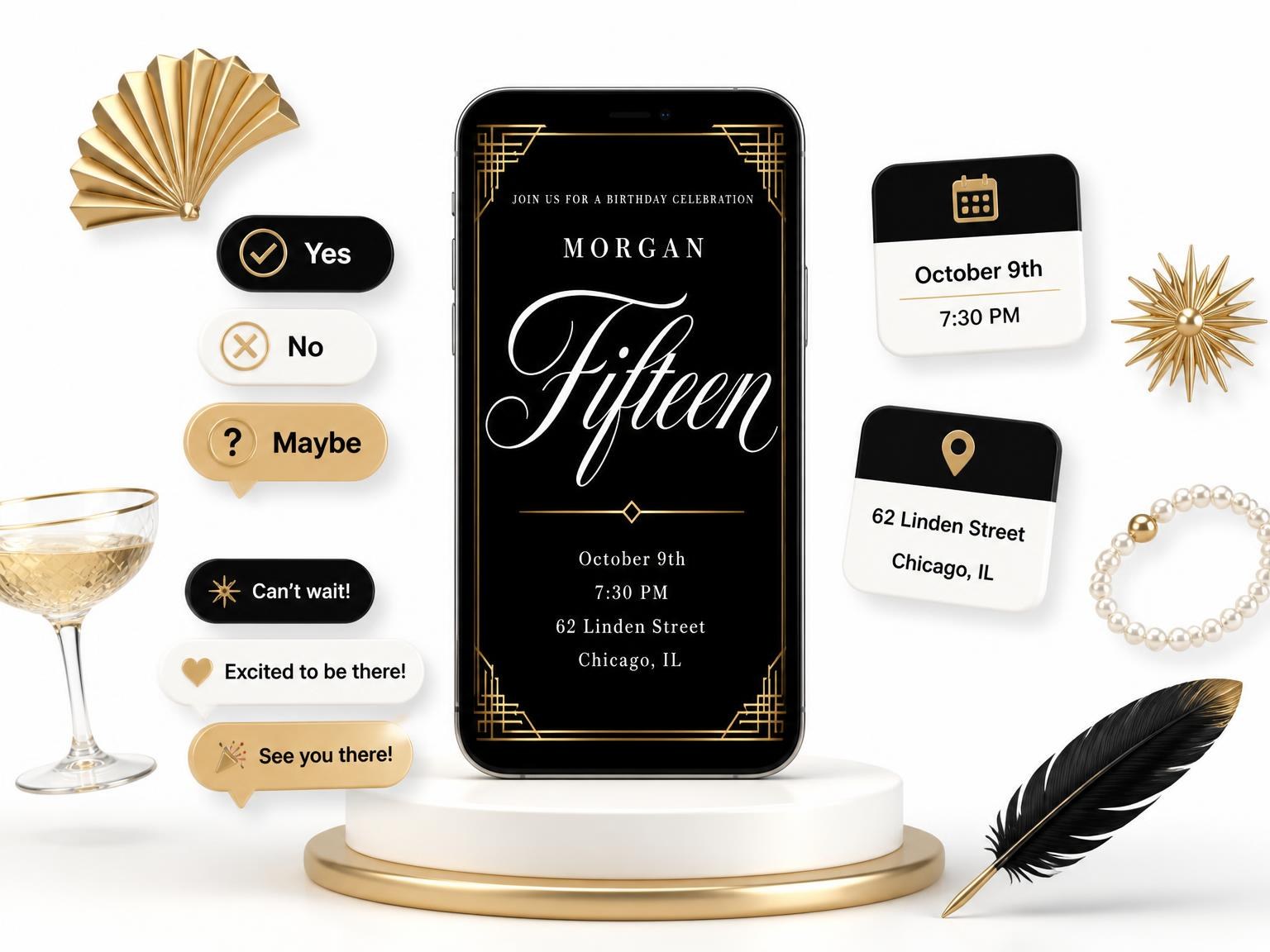 The Art Deco 15th Birthday Invitation invitation on a phone, with guest RSVPs arriving around it