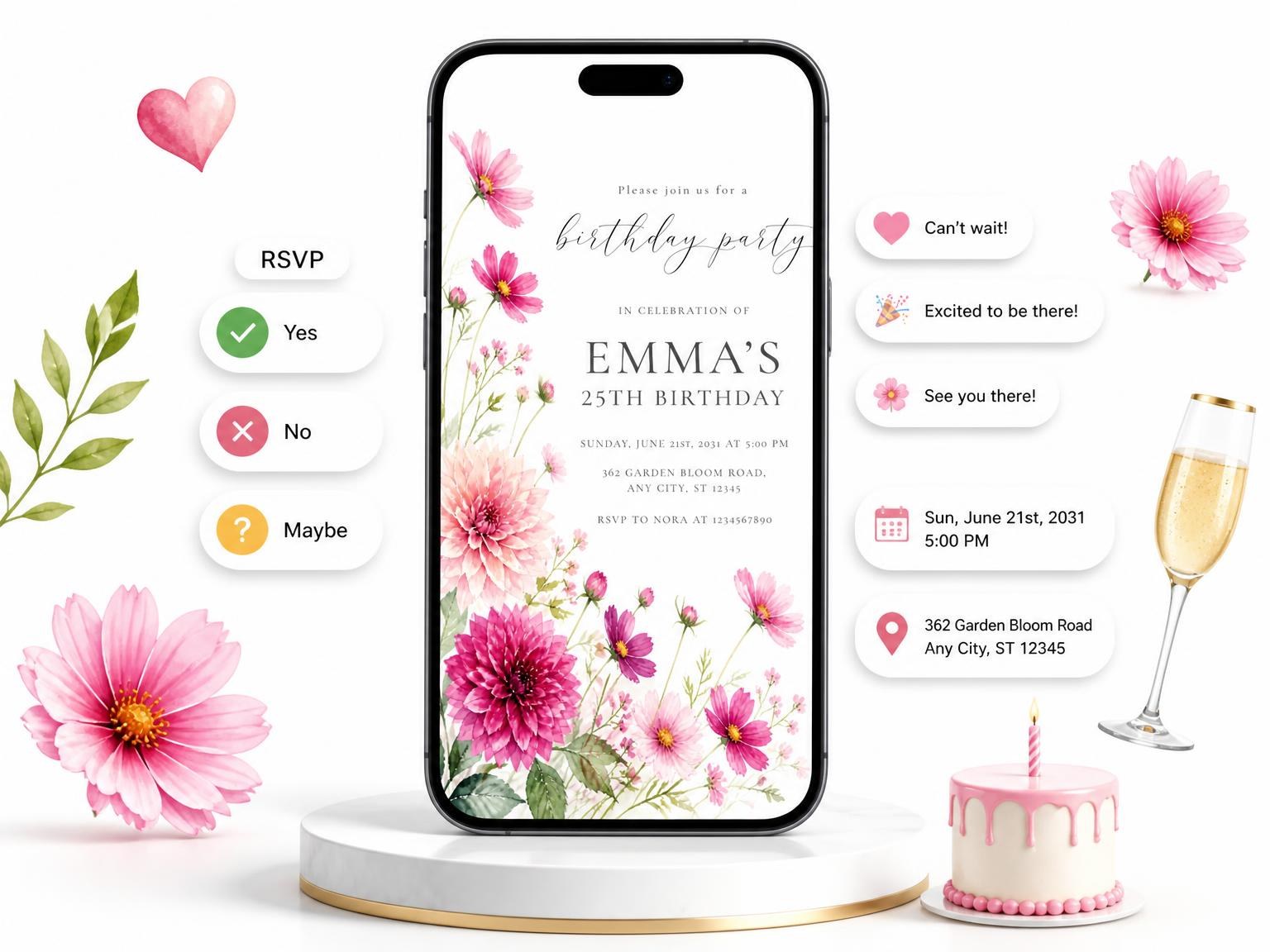 The Fuchsia Cosmos Flowers 25th Birthday Invitation invitation on a phone, with guest RSVPs arriving around it